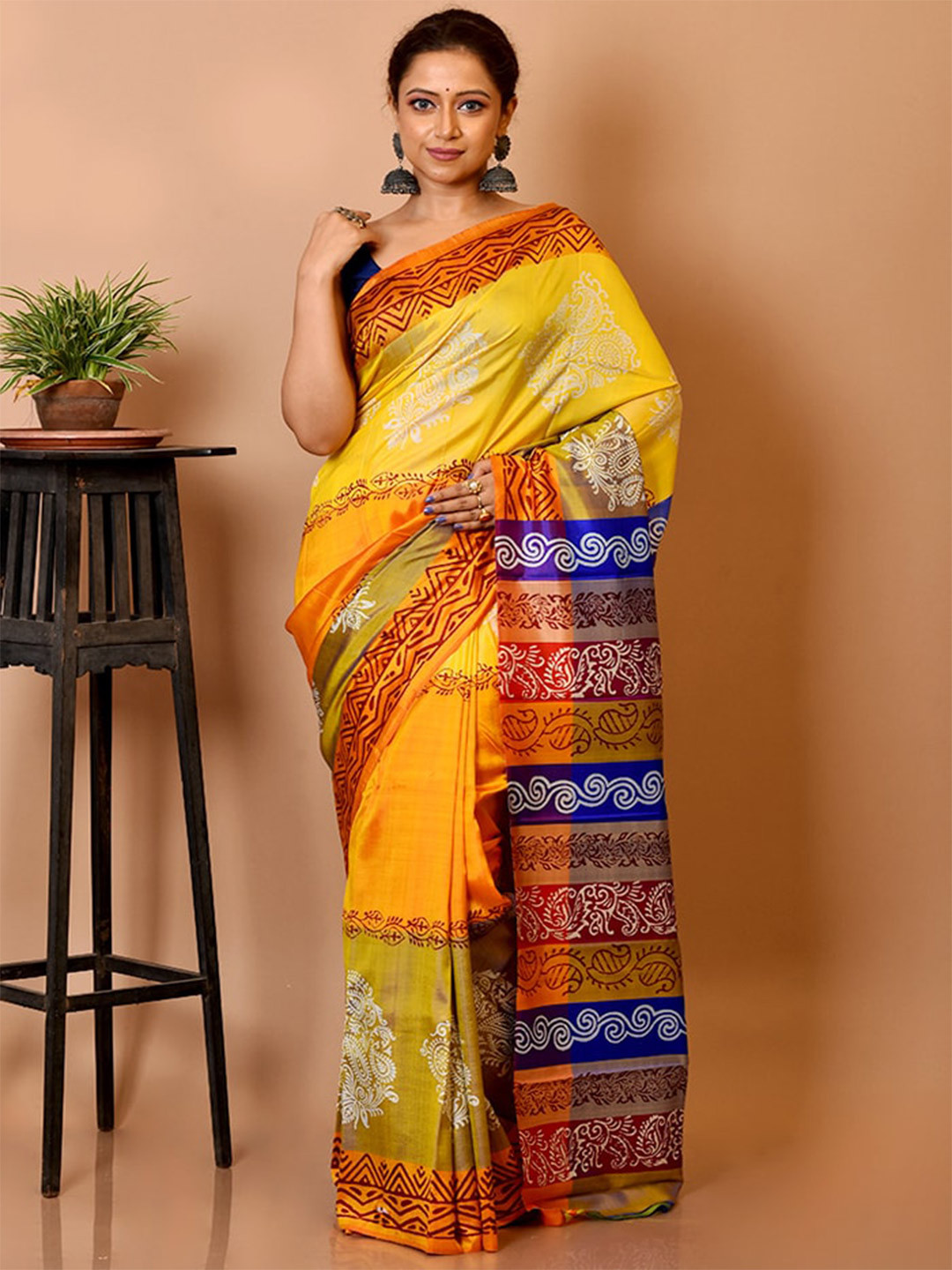 

AllSilks Yellow & Red Floral Pure Silk Murshidabad Saree