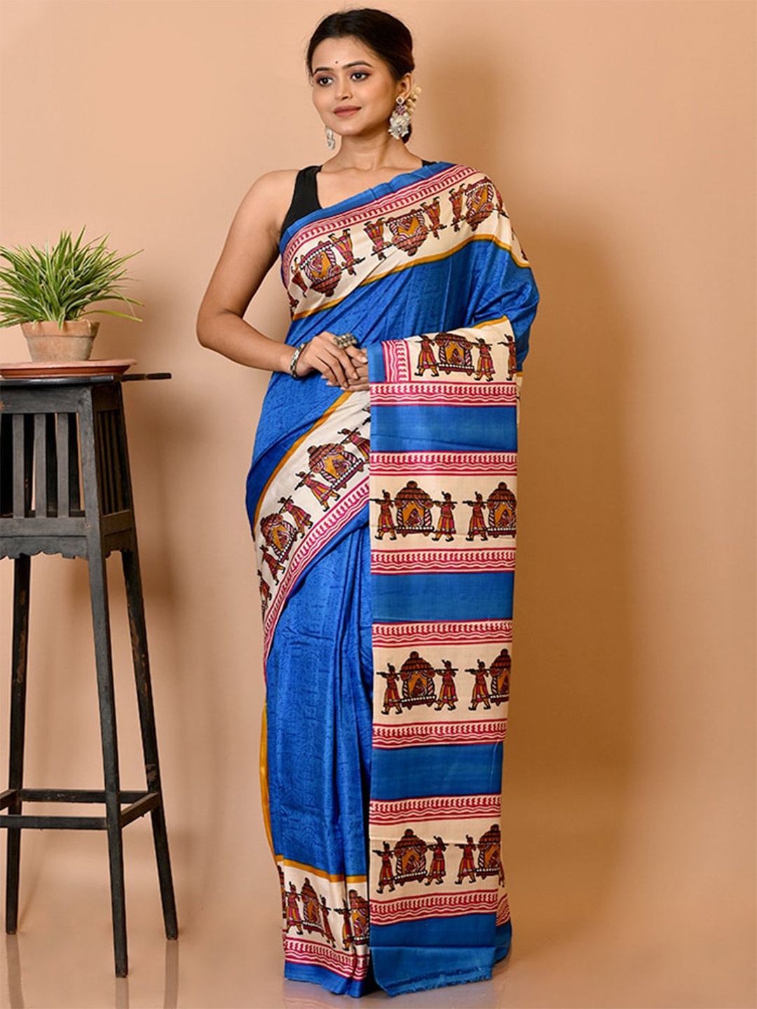 

AllSilks Blue & Beige Ethnic Motifs Pure Silk Murshidabad Saree