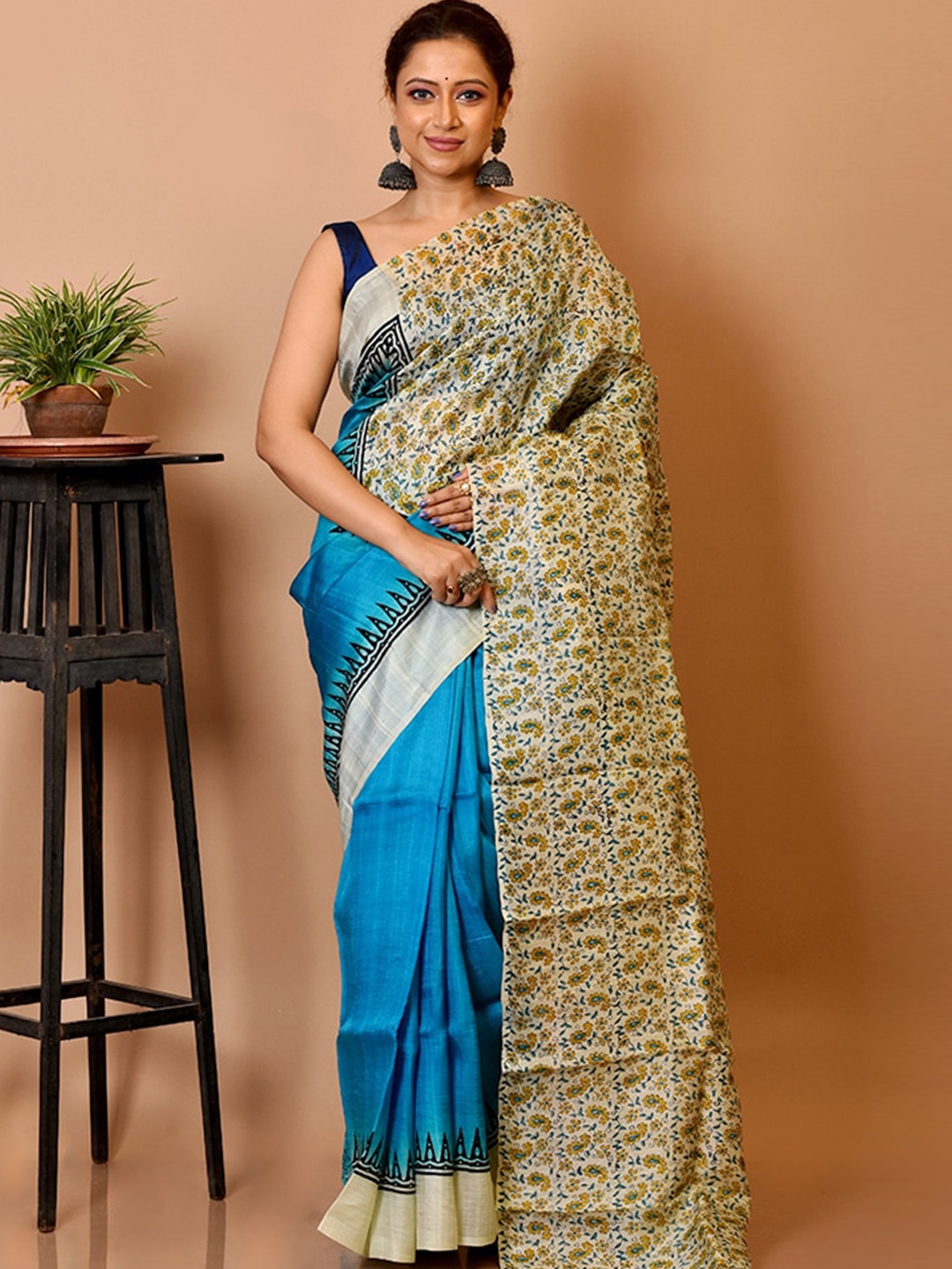 

AllSilks Blue & Mustard Paisley Pure Silk Murshidabad silk Saree