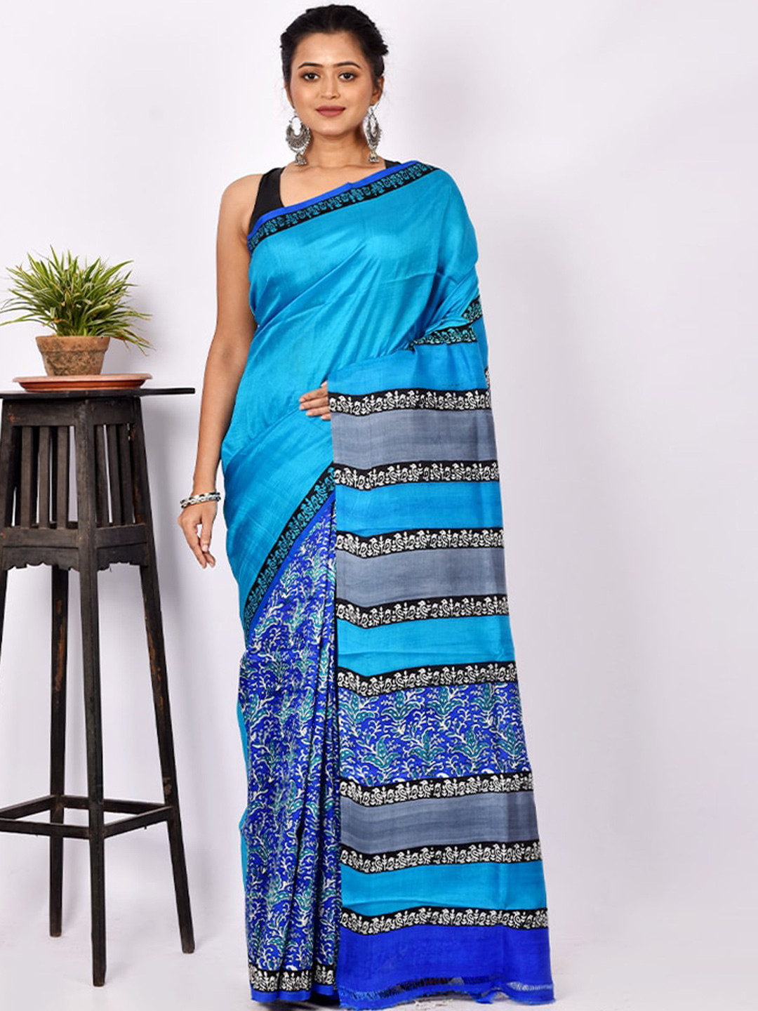 

AllSilks Blue Floral Pure Silk Murshidabad Saree