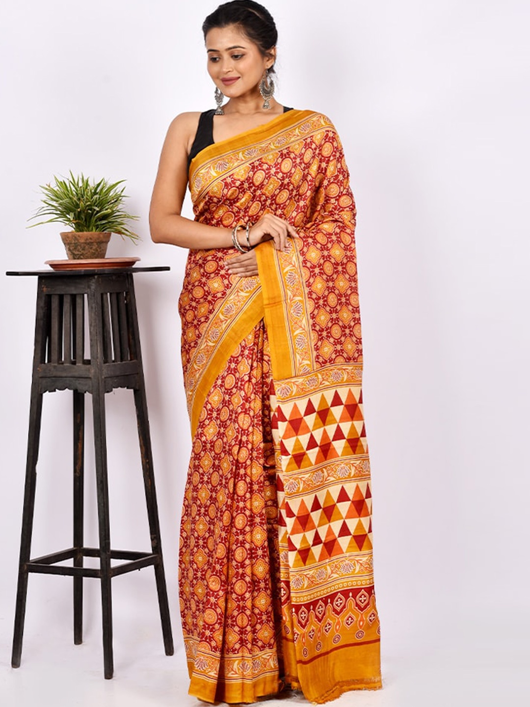 

AllSilks Red & Mustard Ethnic Motifs Pure Silk Murshidabad Saree