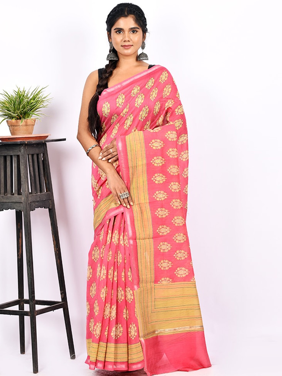 

AllSilks Pink & Yellow Floral Zari Pure Cotton Saree