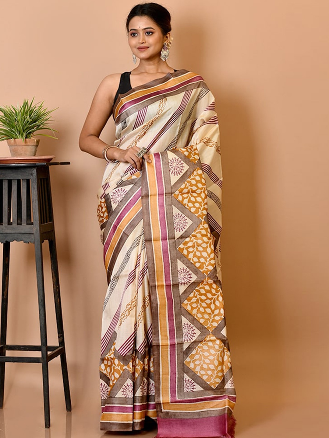 

AllSilks Cream-Coloured & Brown Silk Blend Tussar Saree