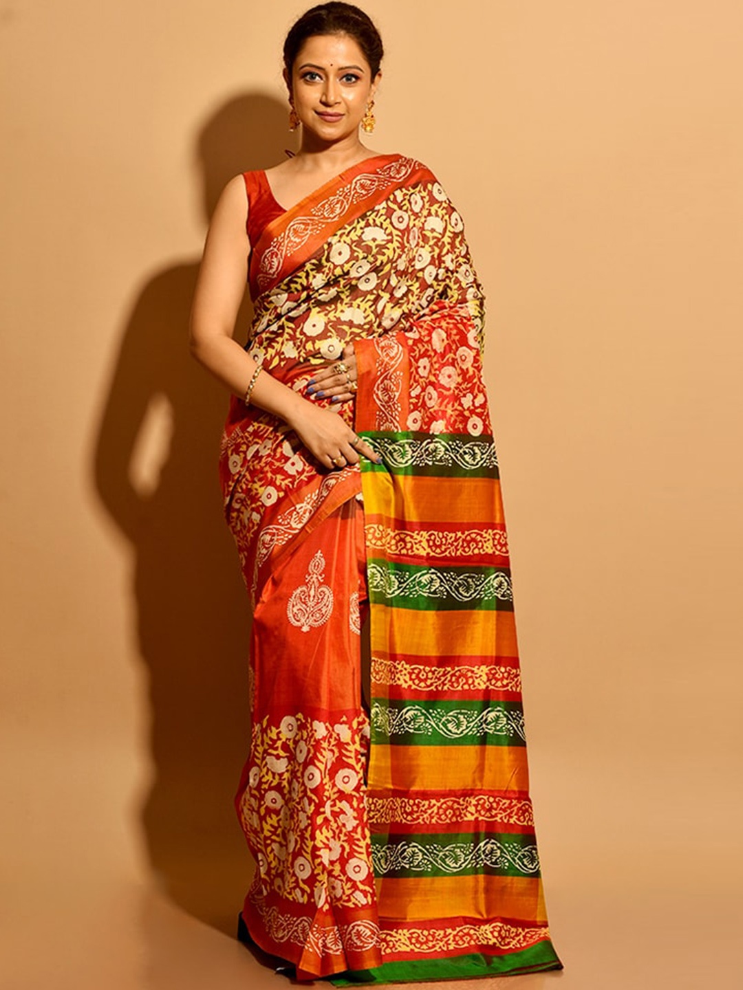 

AllSilks Orange & Brown Floral Pure Silk Murshidabad silk Saree