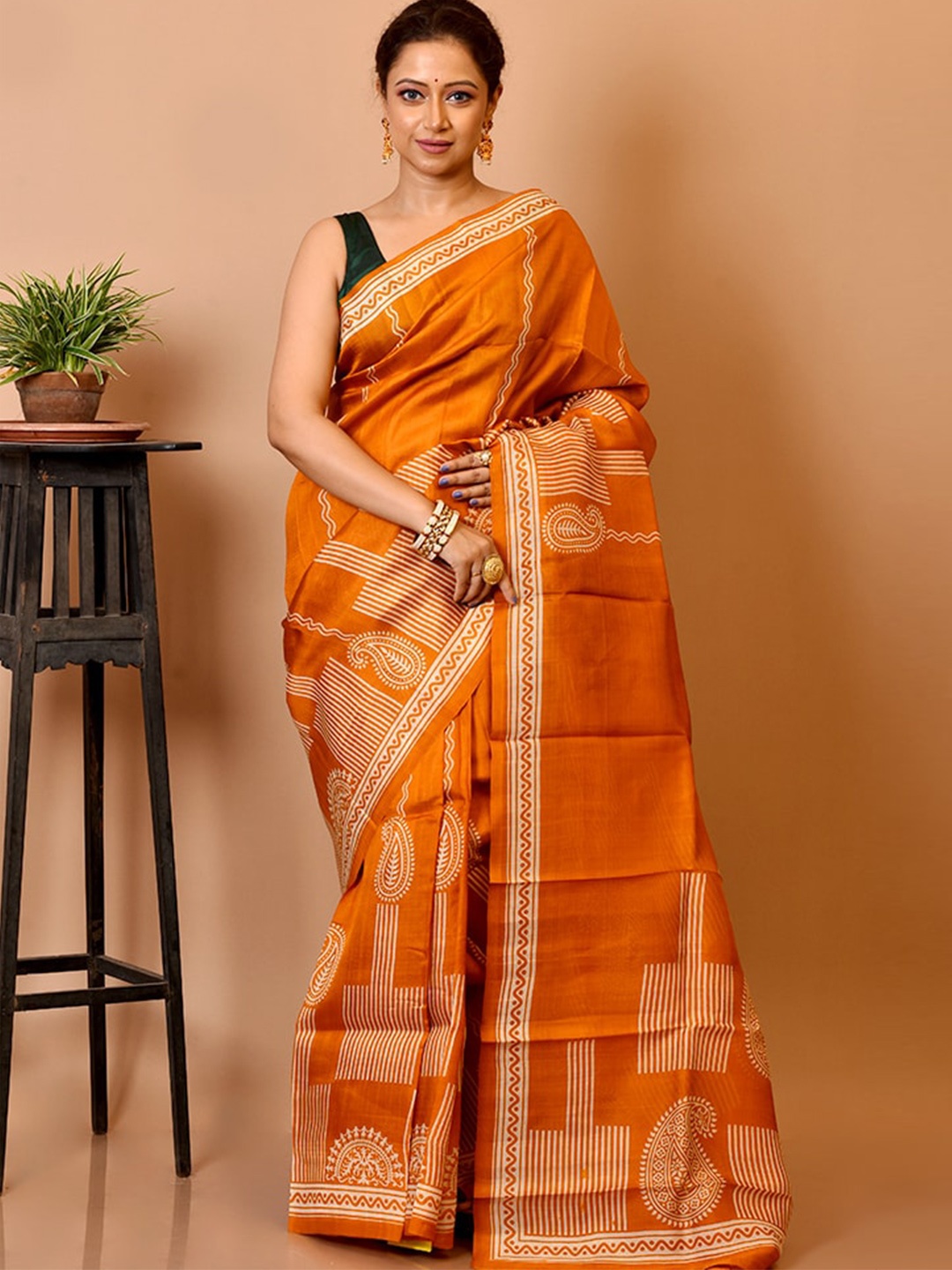 

AllSilks Orange & White Paisley Pure Silk Murshidabad silk Saree