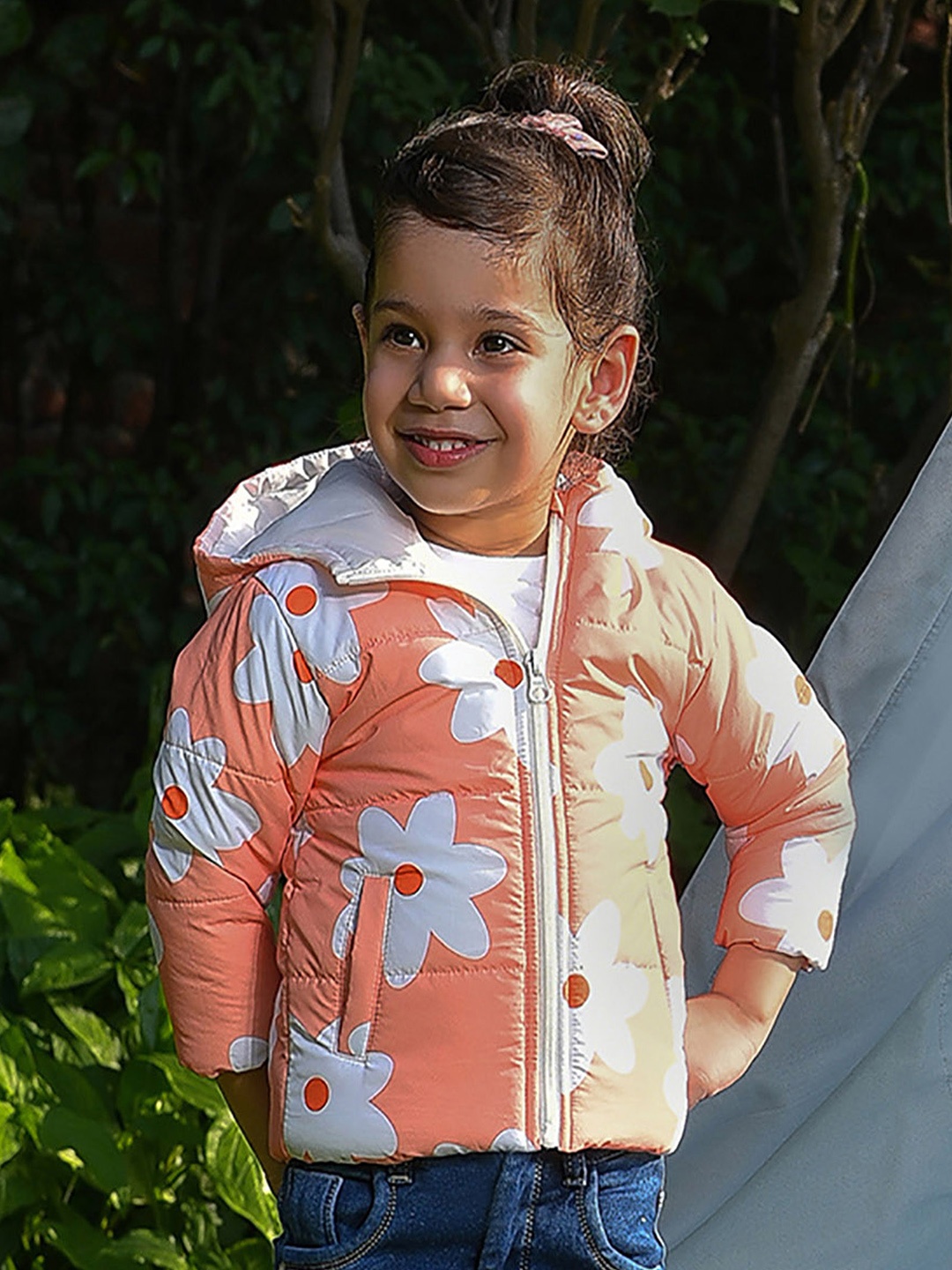 

MiArcus Girls Peach-Coloured Floral Lightweight Bomber Jacket