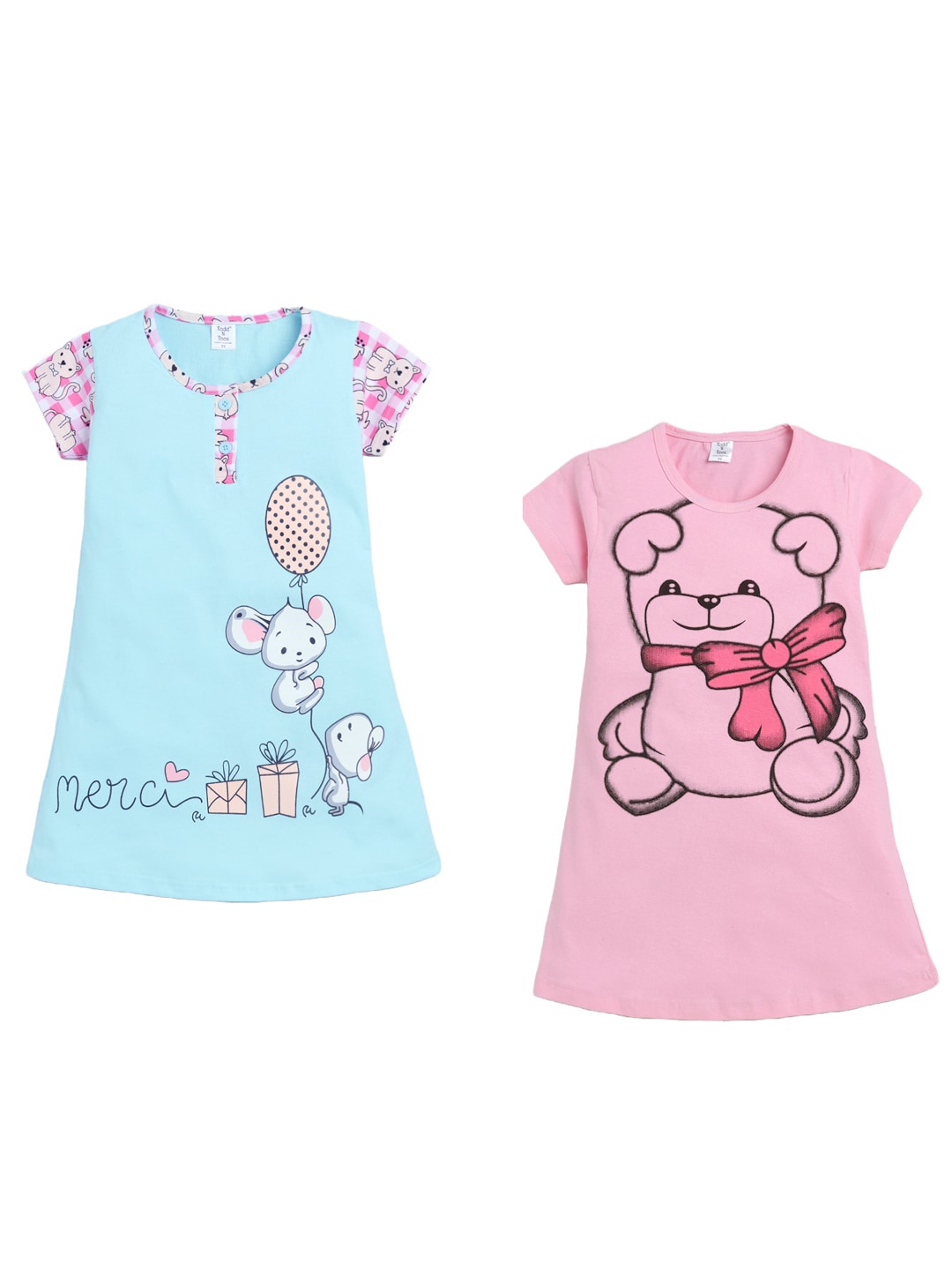 

Todd N Teen Girls Blue & Pink Pack Of 2 Pure Cotton Printed Nightdress