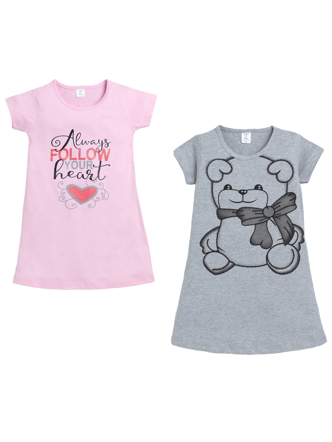 

Todd N Teen Girls Pink & Grey Pack Of 2 Pure Cotton Printed Nightdress