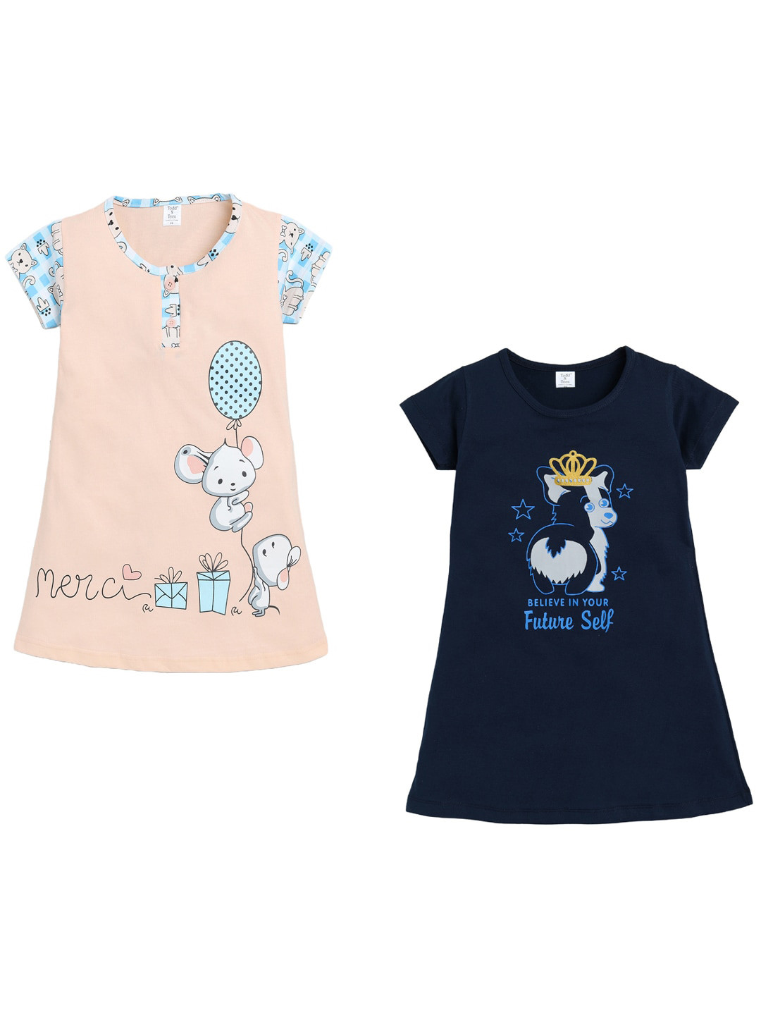 

Todd N Teen Girls Peach & Navy Blue Pack Of 2 Pure Cotton Printed Nightdress