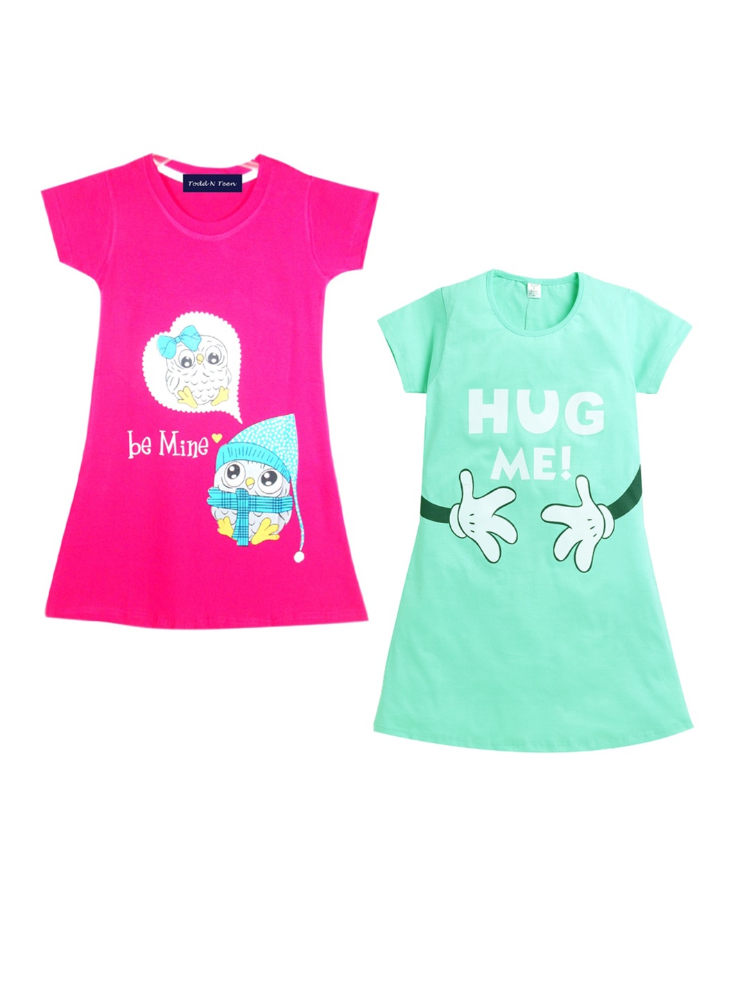 

Todd N Teen Girls Pink & Green Pack Of 2 Pure Cotton Printed Nightdress