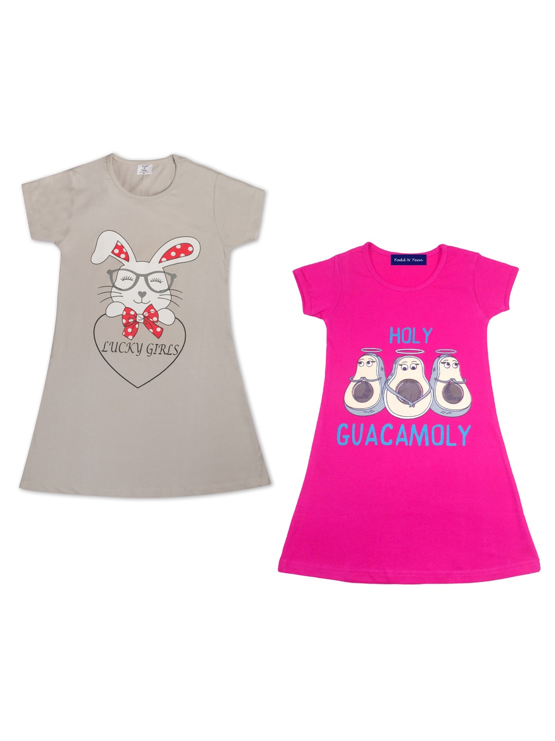 

Todd N Teen Girls Grey & Pink Pack Of 2 Pure Cotton Printed Nightdress