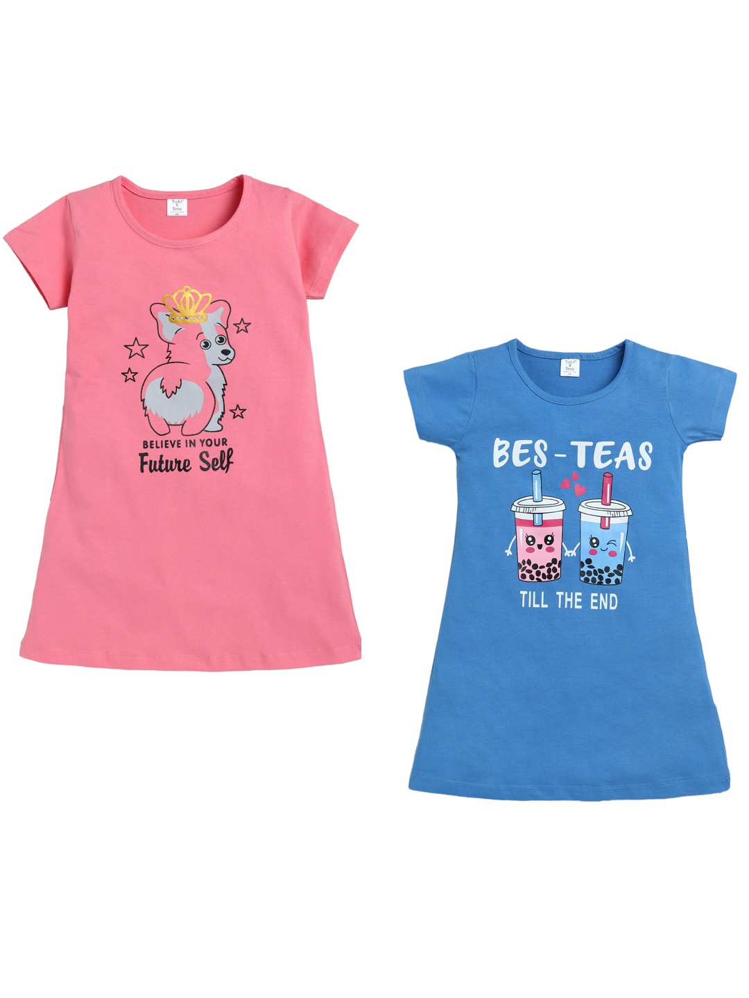 

Todd N Teen Girls Pink & Blue Pack Of 2 Pure Cotton Printed Nightdress