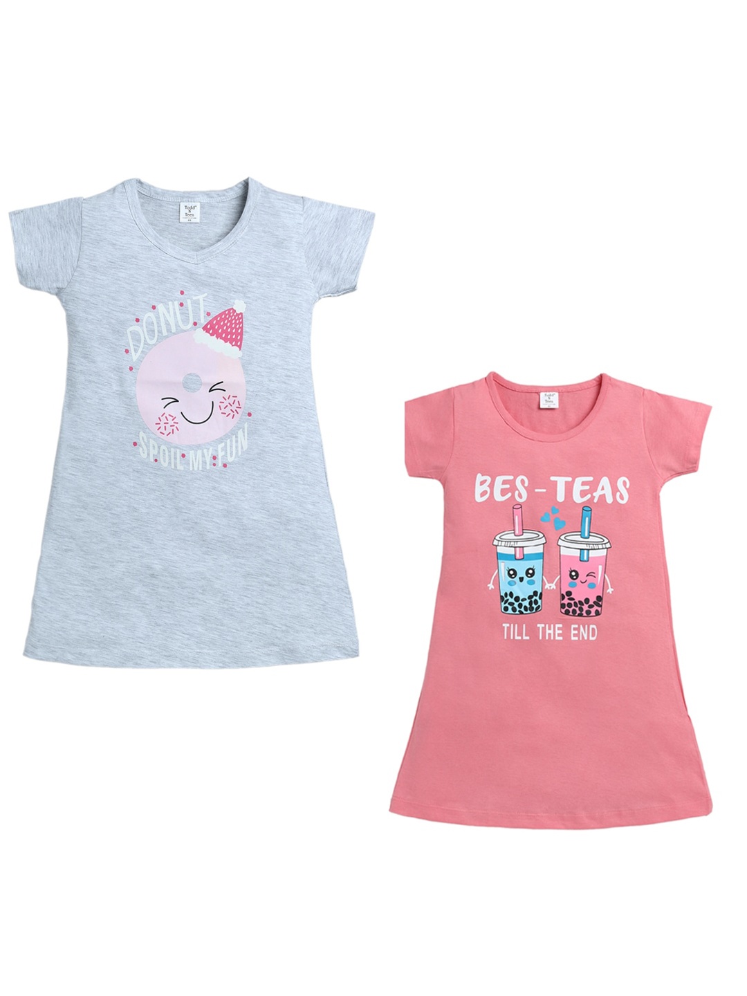 

Todd N Teen Girls Grey & Pink Pack Of 2 Pure Cotton Printed Nightdress