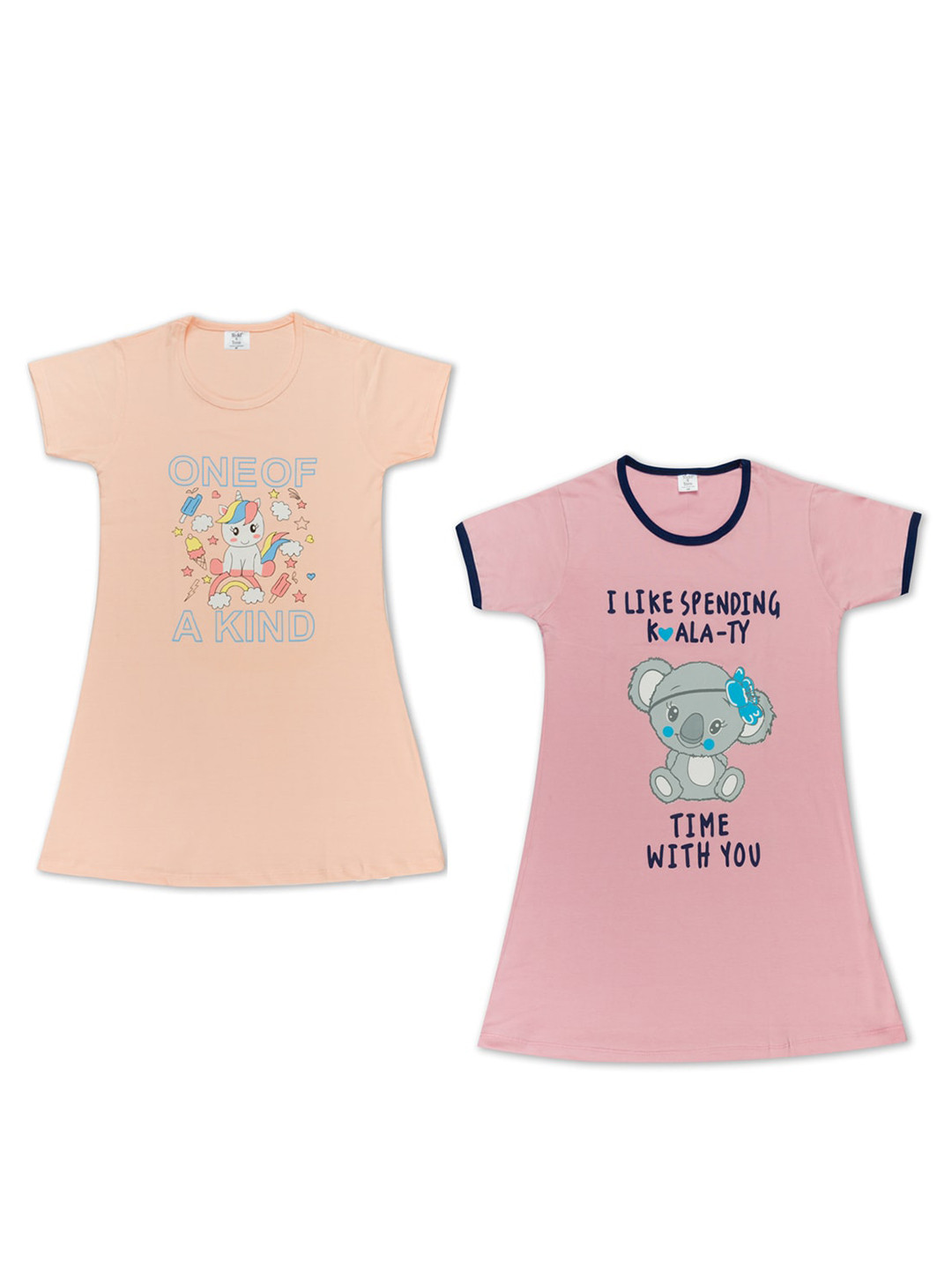 

Todd N Teen Girls Peach & Pink Pack Of 2 Pure Cotton Printed Nightdress