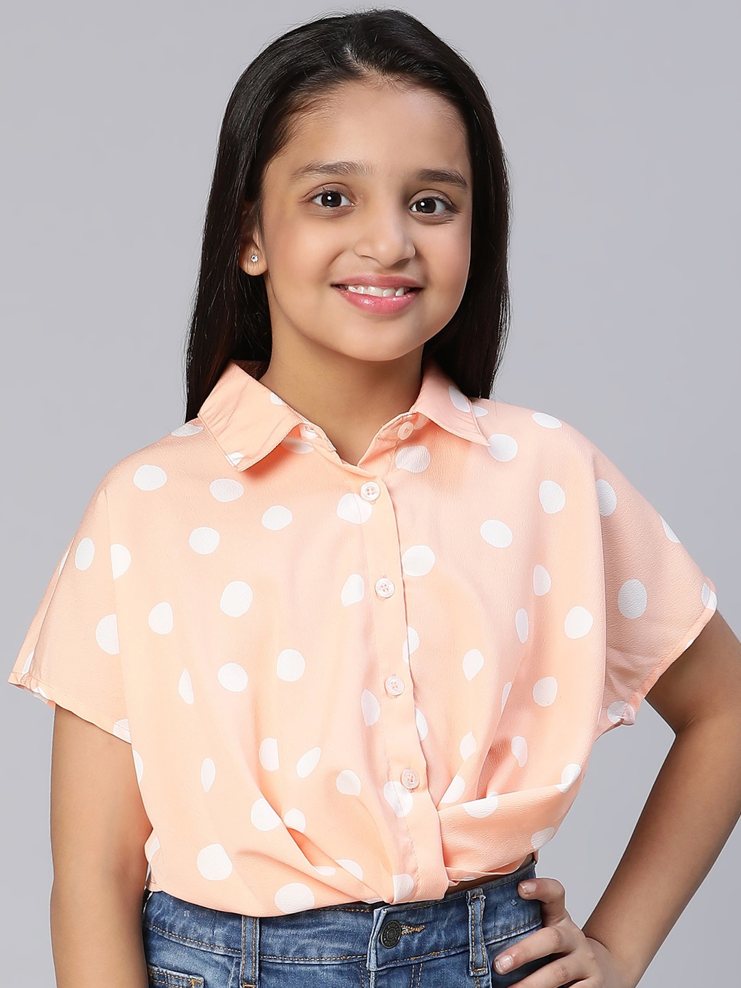 

Oxolloxo Girls Peach & White Printed Shirt Style Crop Top