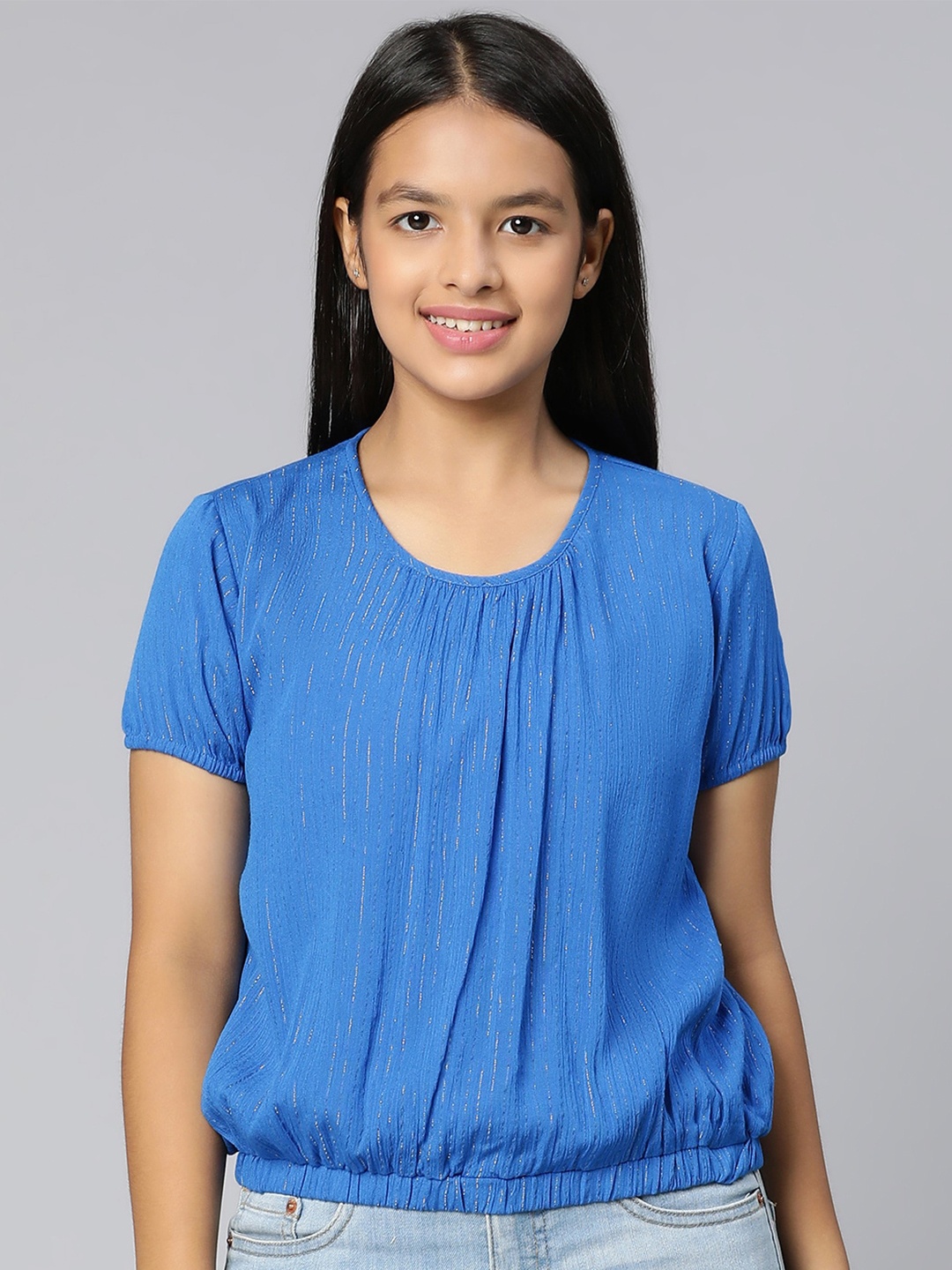 

Oxolloxo Girls Blue Striped Crepe Blouson Top