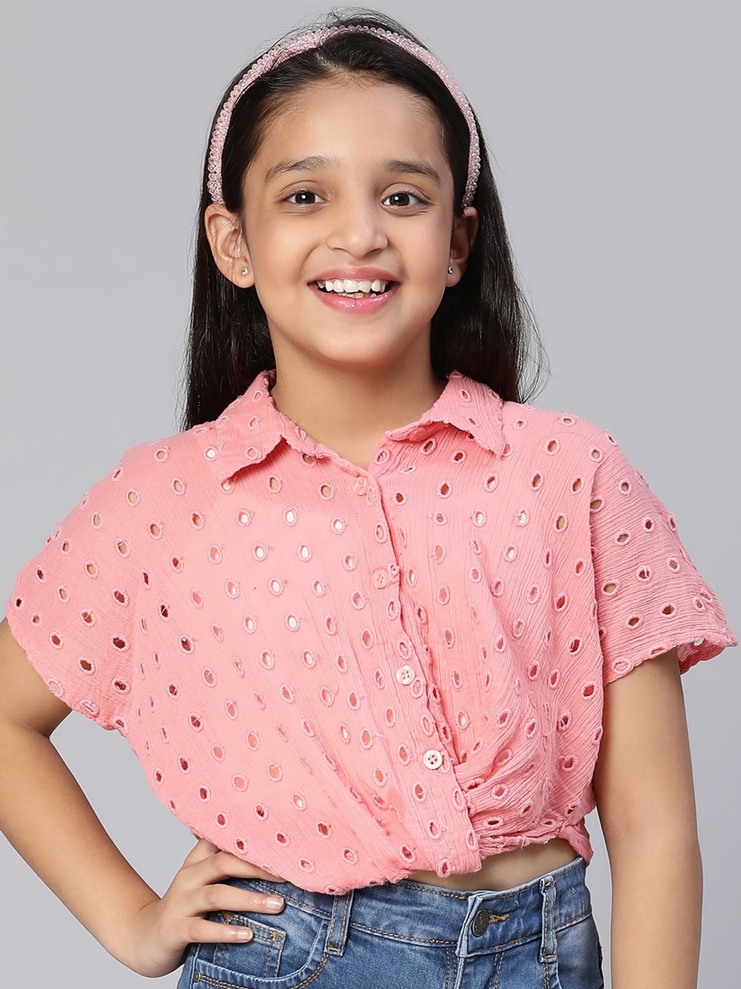 

Oxolloxo Girls Pink Self Design Shirt Style Crop Top