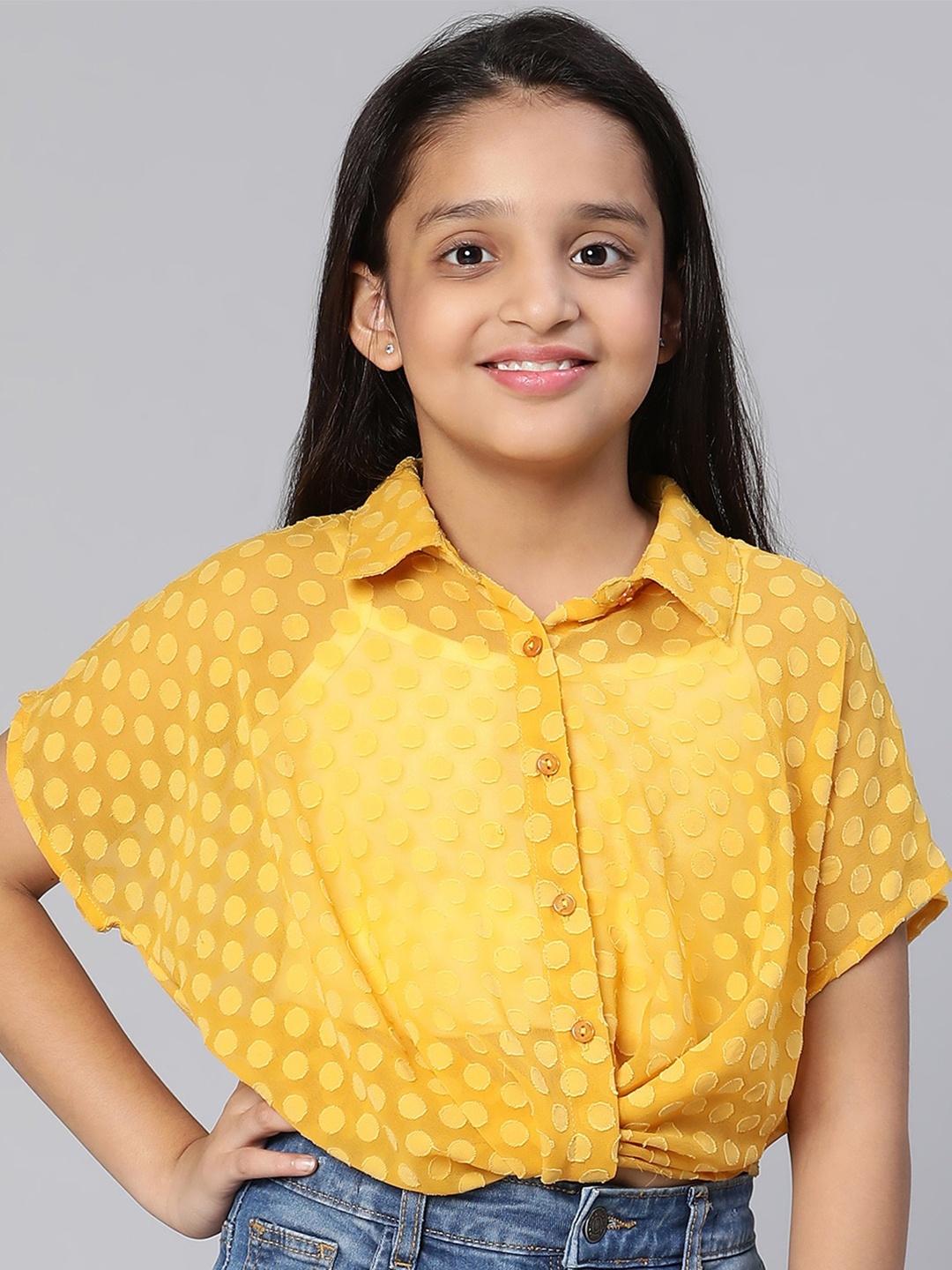 

Oxolloxo Girls Yellow Self Design Shirt Style Crop Top