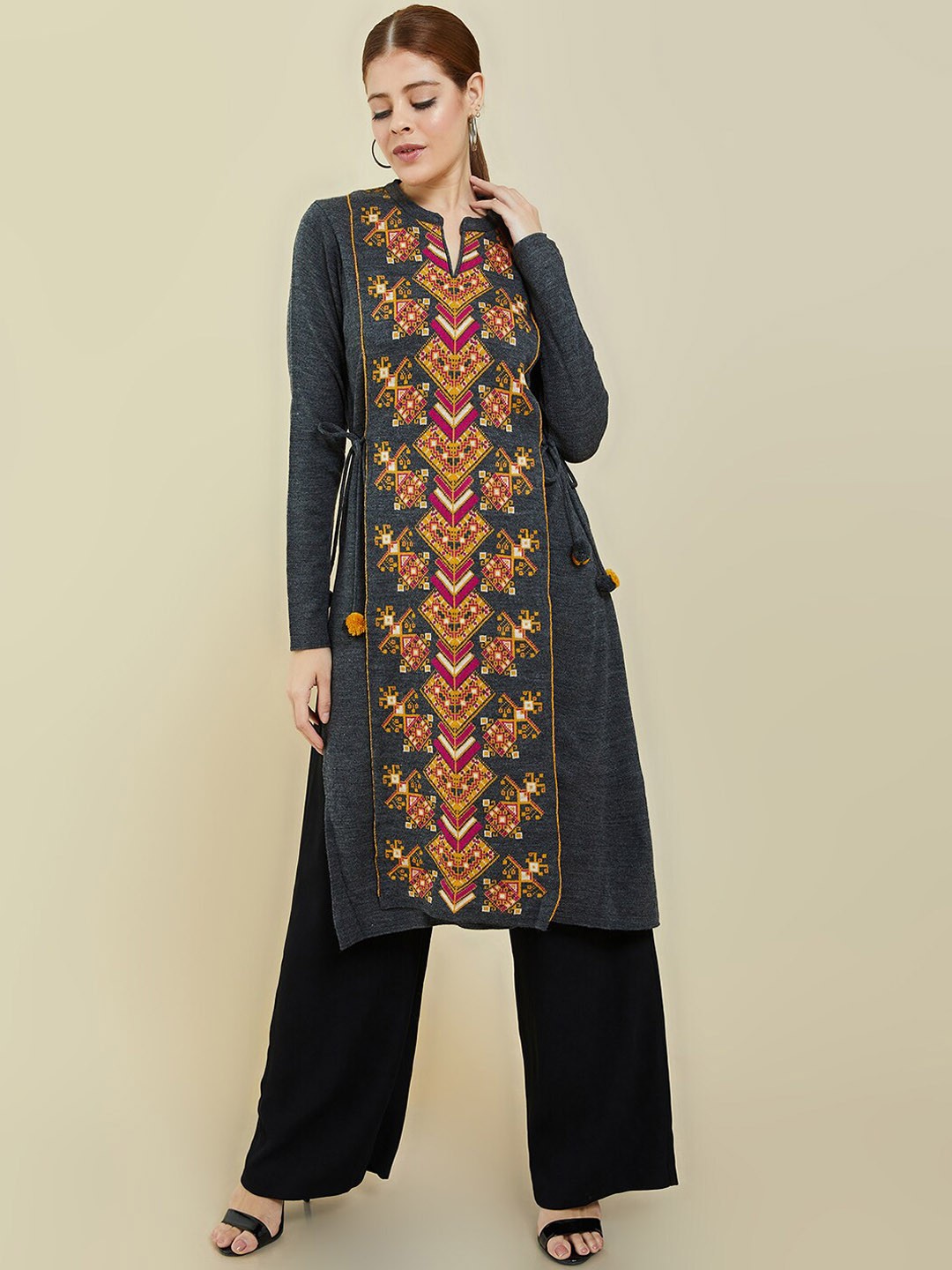

Soch Band Collar Ethnic Motifs Printed Straight Regular Fit Kurta, Grey