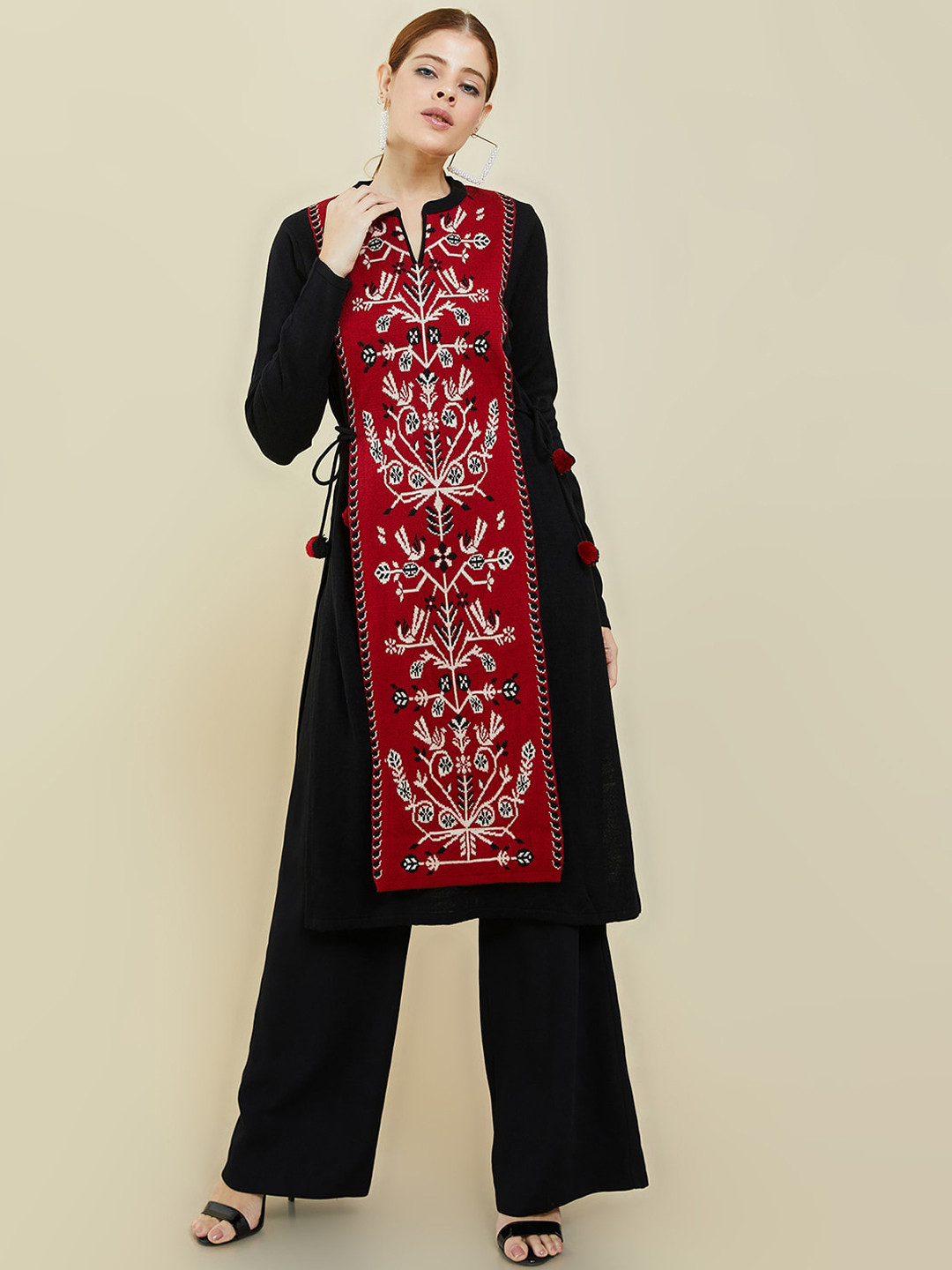 

Soch Band Collar Ethnic Motifs Printed Acrylic Kurta, Black