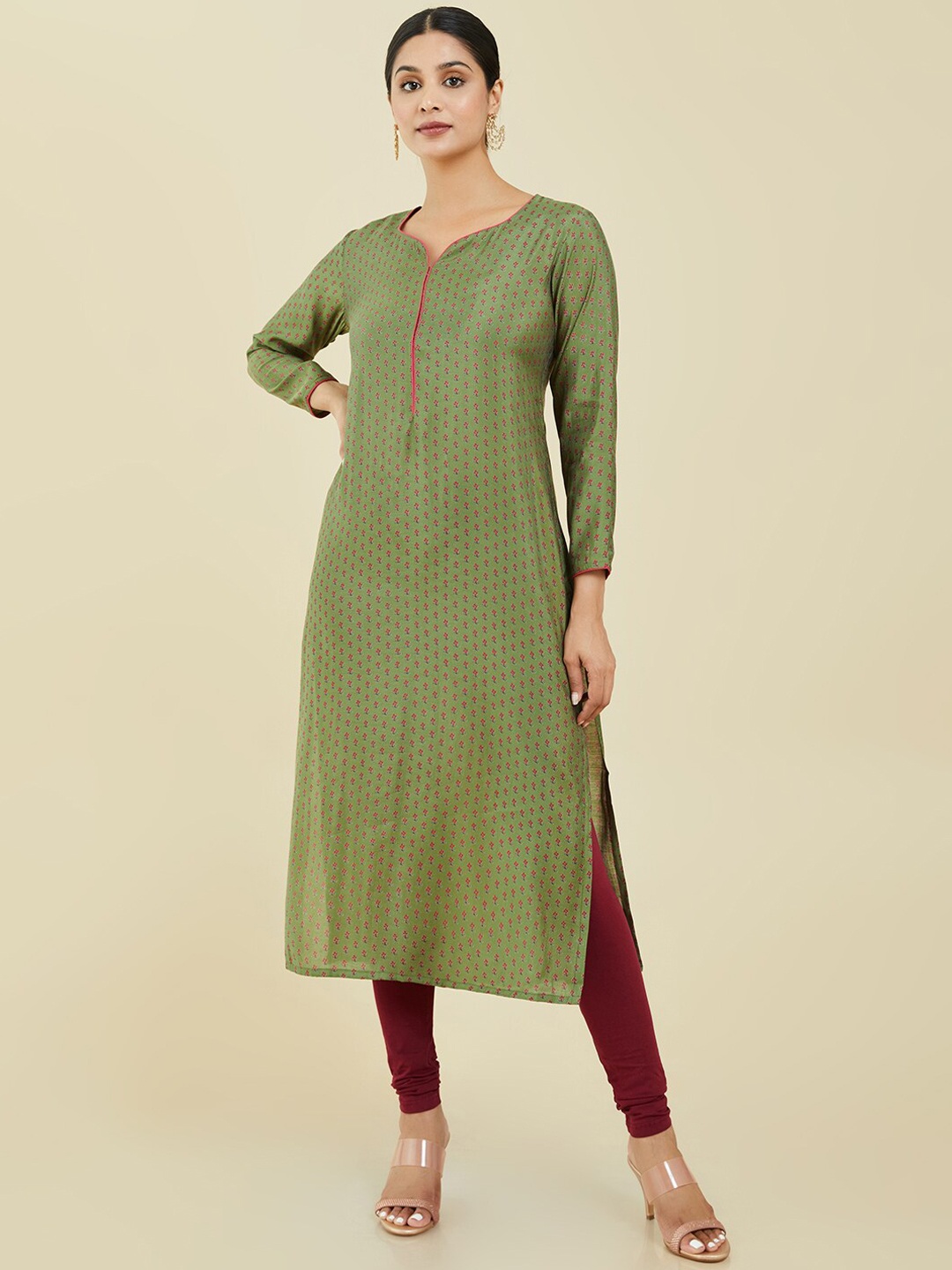 

Soch Green & Pink Cotton Floral Printed Kurta