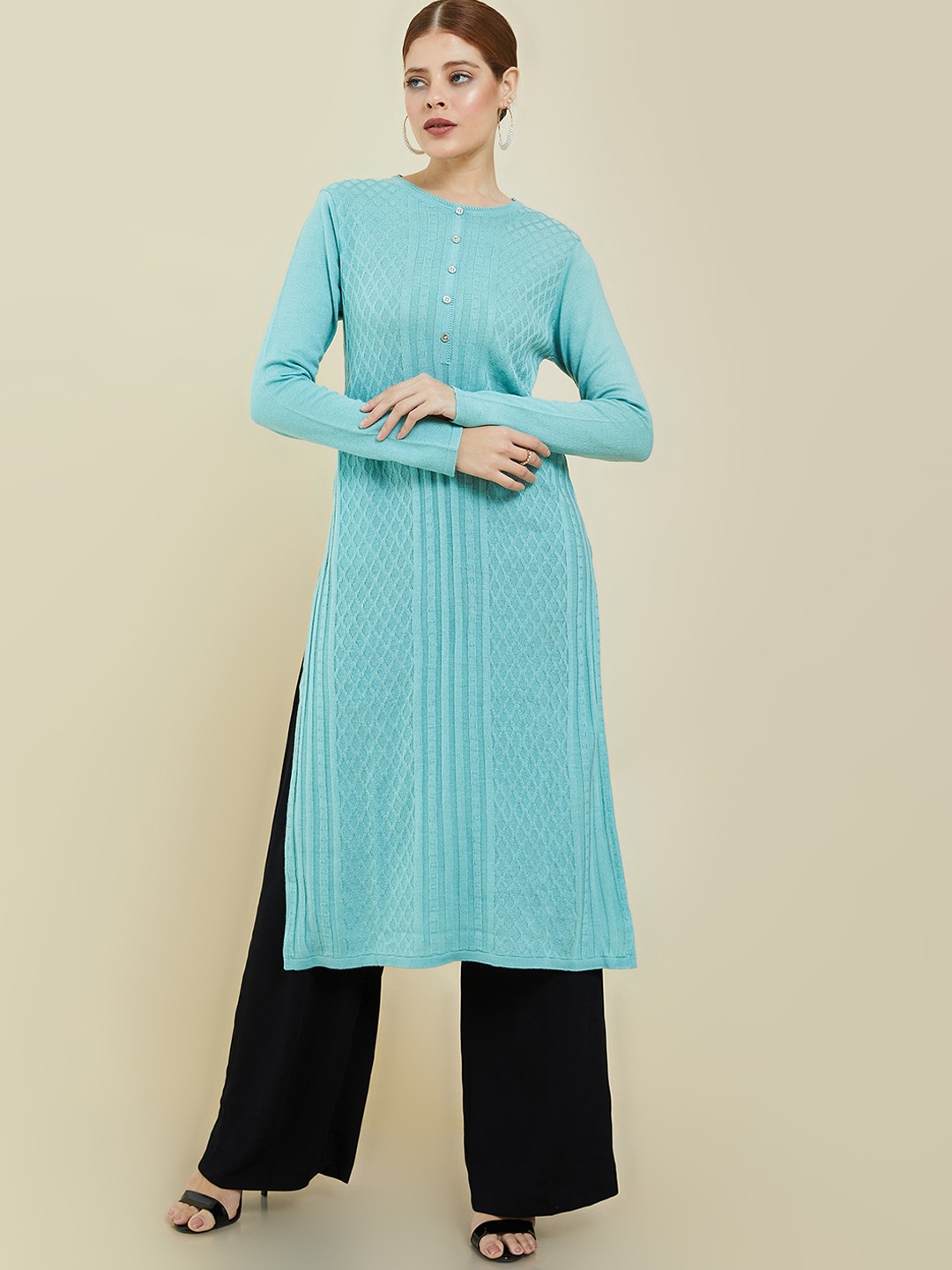 

Soch Round Neck Woven Design Long Sleeves Acrylic Kurta, Turquoise blue