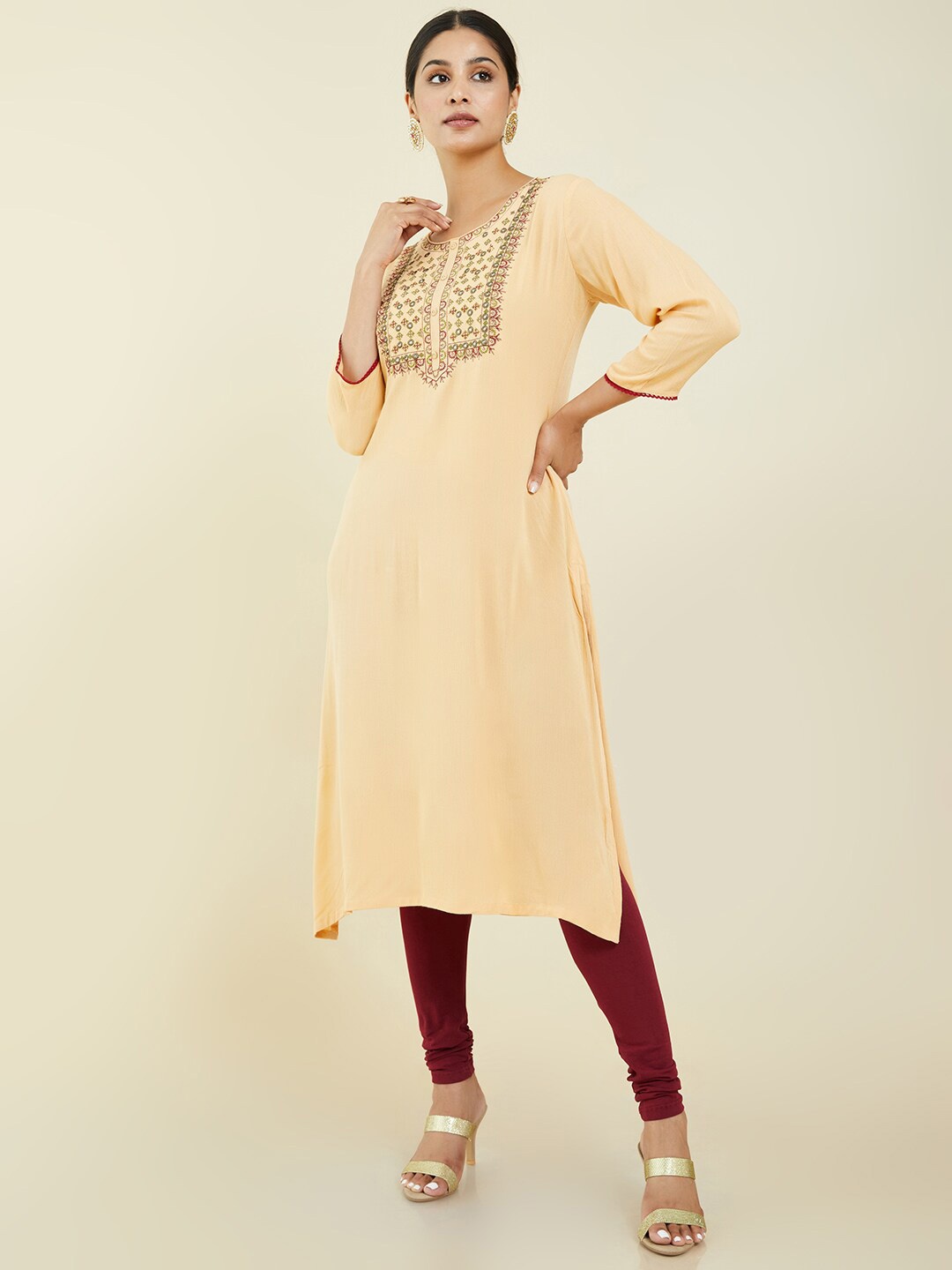 

Soch Embroidered Straight Regular Fit Crepe Kurta, Beige