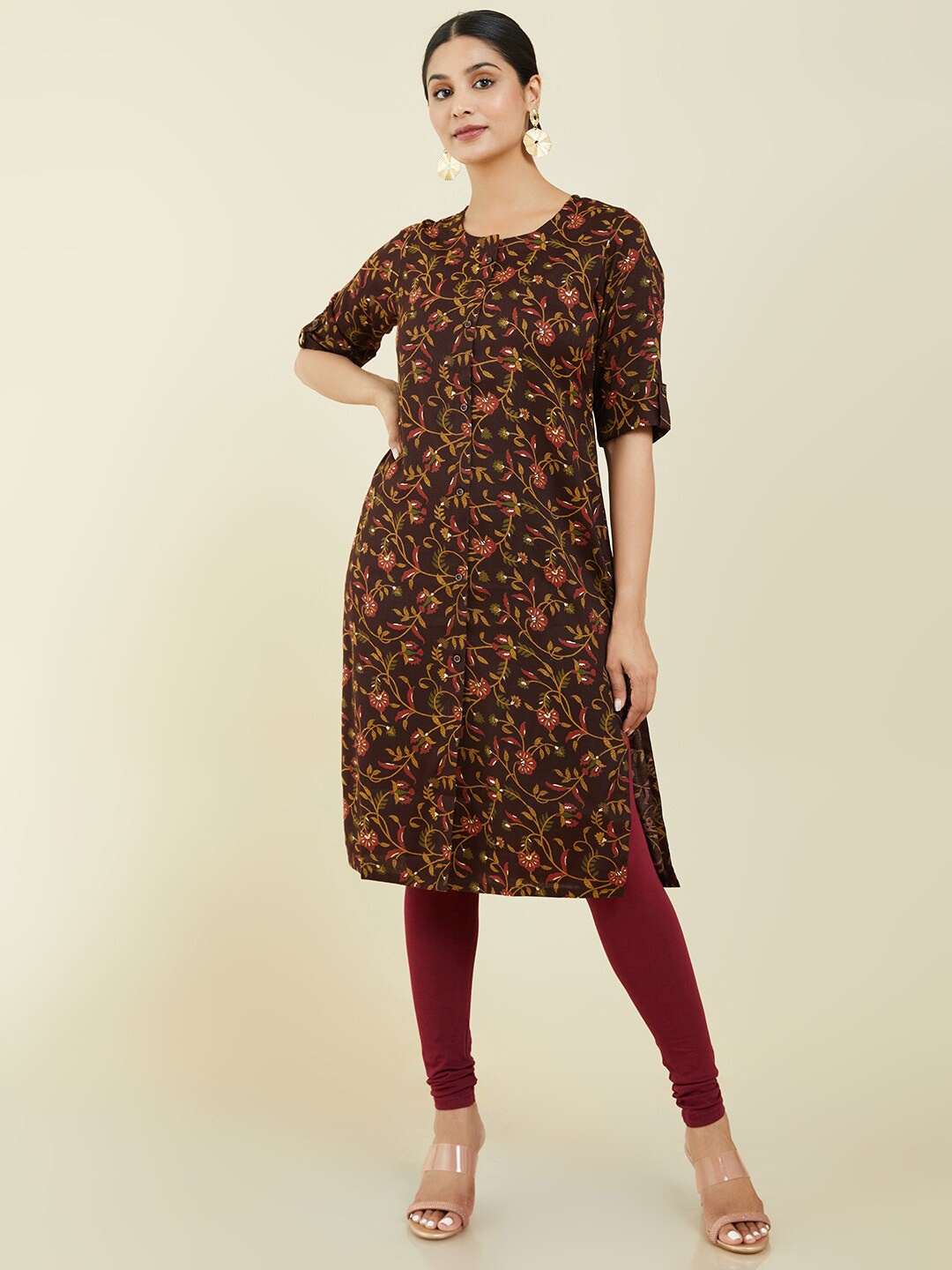 

Soch Floral Printed Straight Regular Fit Kurta, Brown