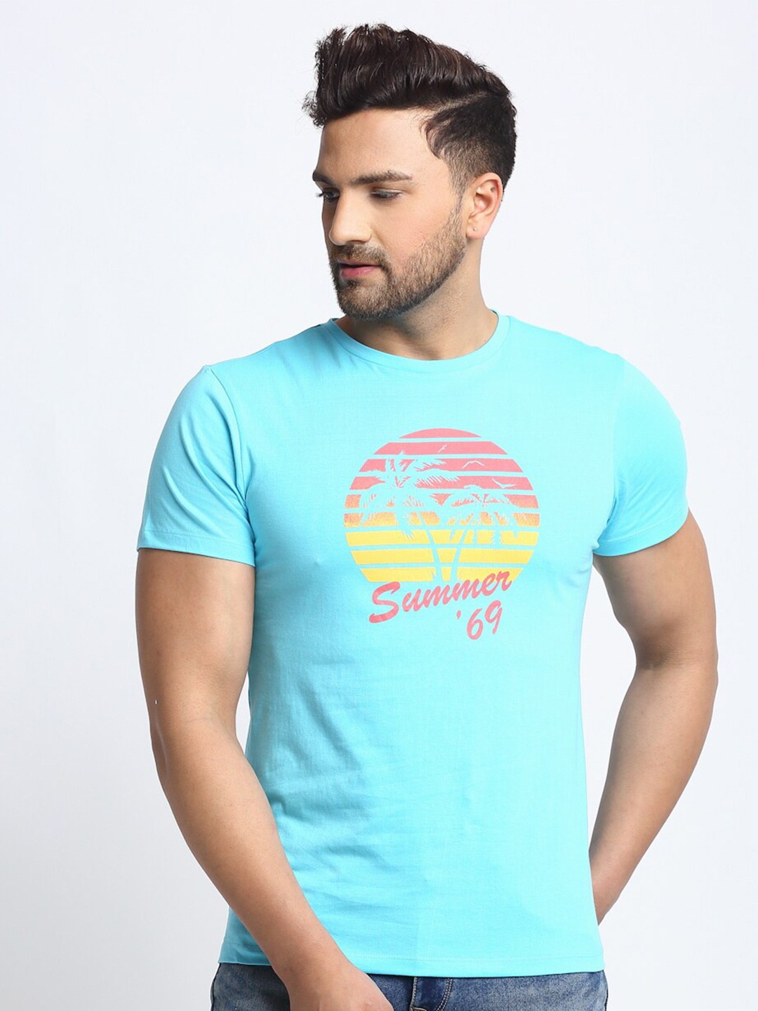 

DOOR74 Men Blue Printed Cotton T-shirt