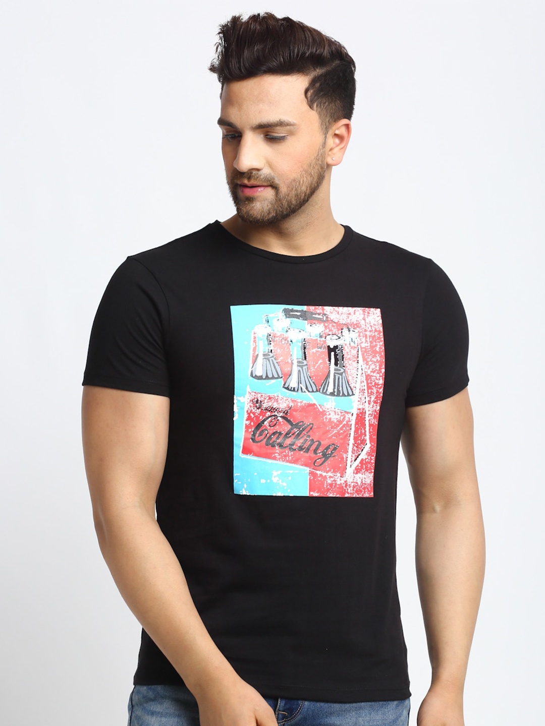 

DOOR74 Men Black & Pink Printed Cotton T-shirt