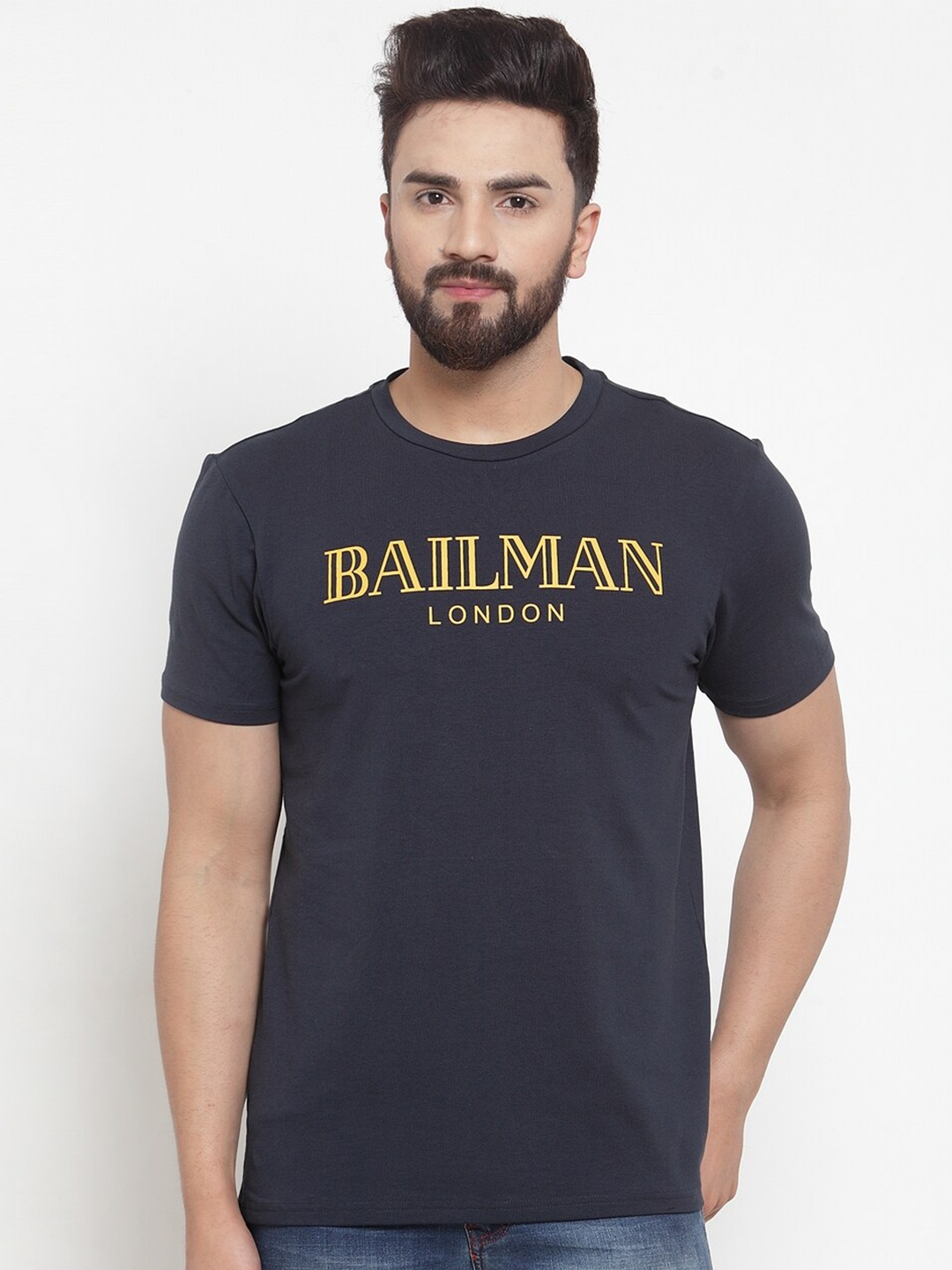 

DOOR74 Men Navy Blue & Yellow Typography Cotton T-shirt
