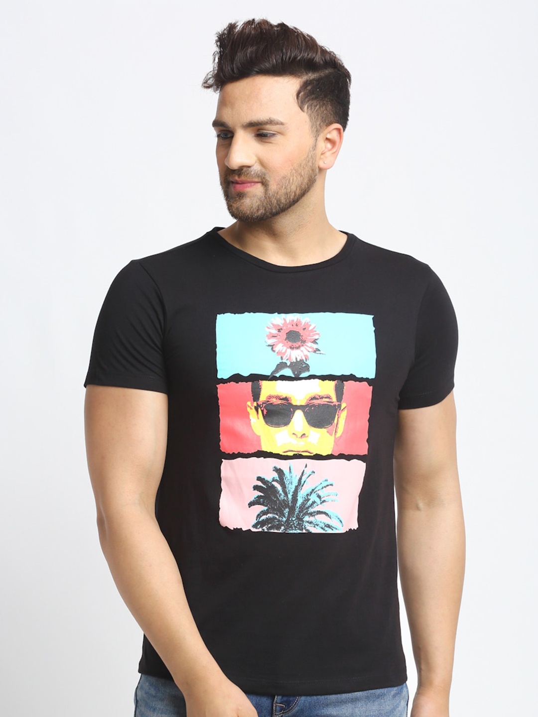 

DOOR74 Men Black & Pink Printed Cotton T-shirt