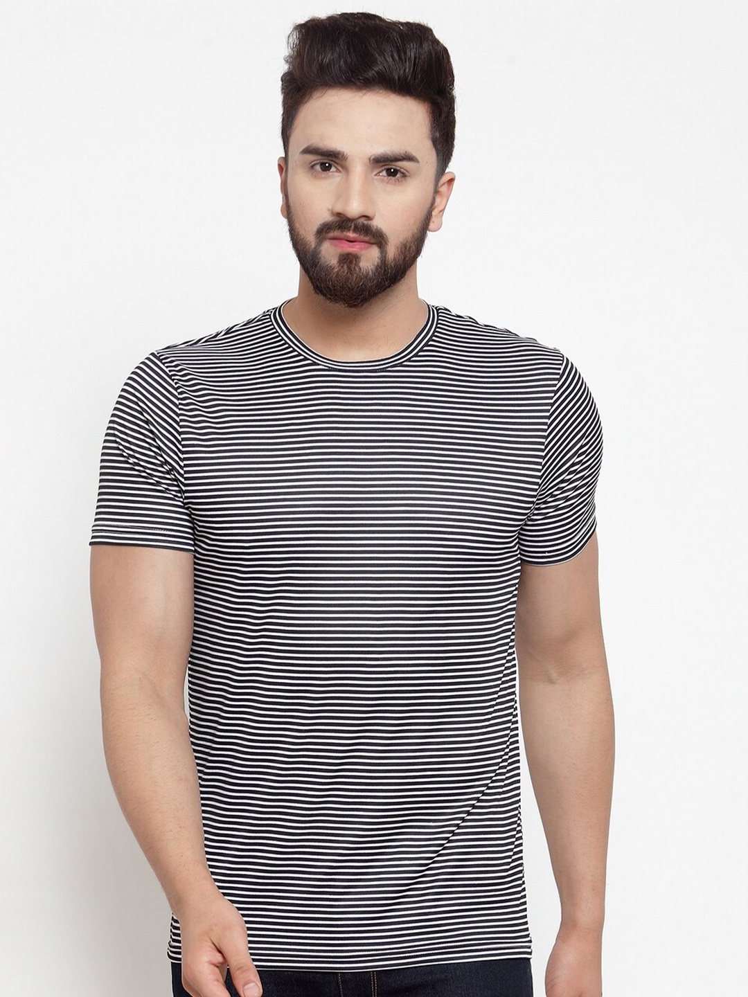 

DOOR74 Men Black & White Striped T-shirt