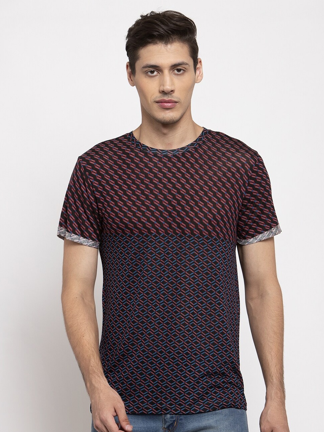 

DOOR74 Men Maroon & Black Printed Cotton T-shirt