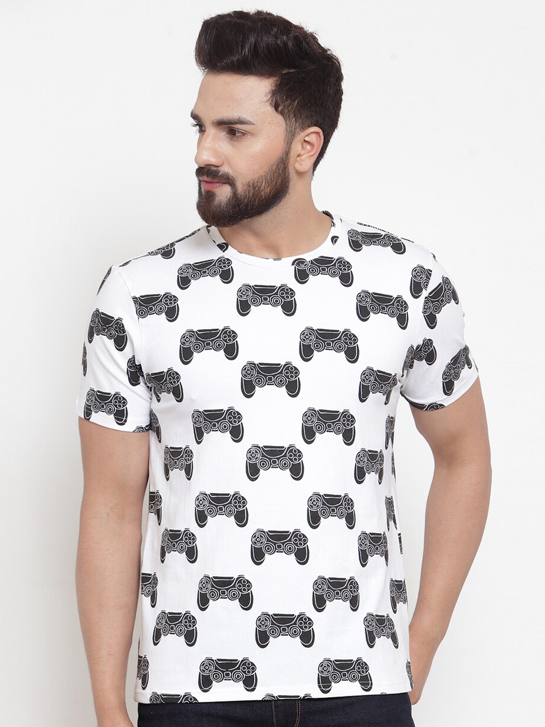 

DOOR74 Men White & Grey Printed Cotton T-shirt