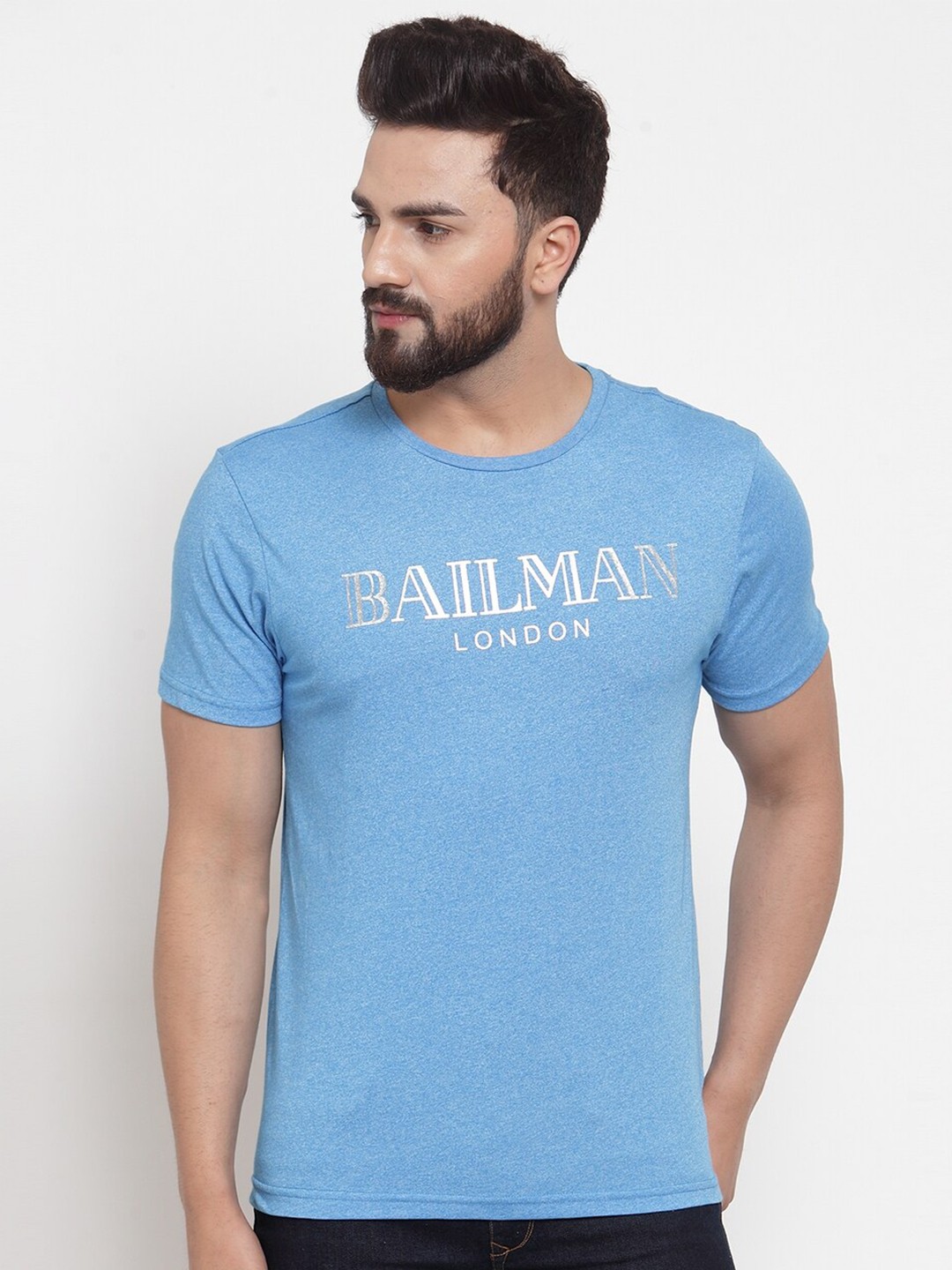 

DOOR74 Men Blue Typography Printed Cotton T-shirt