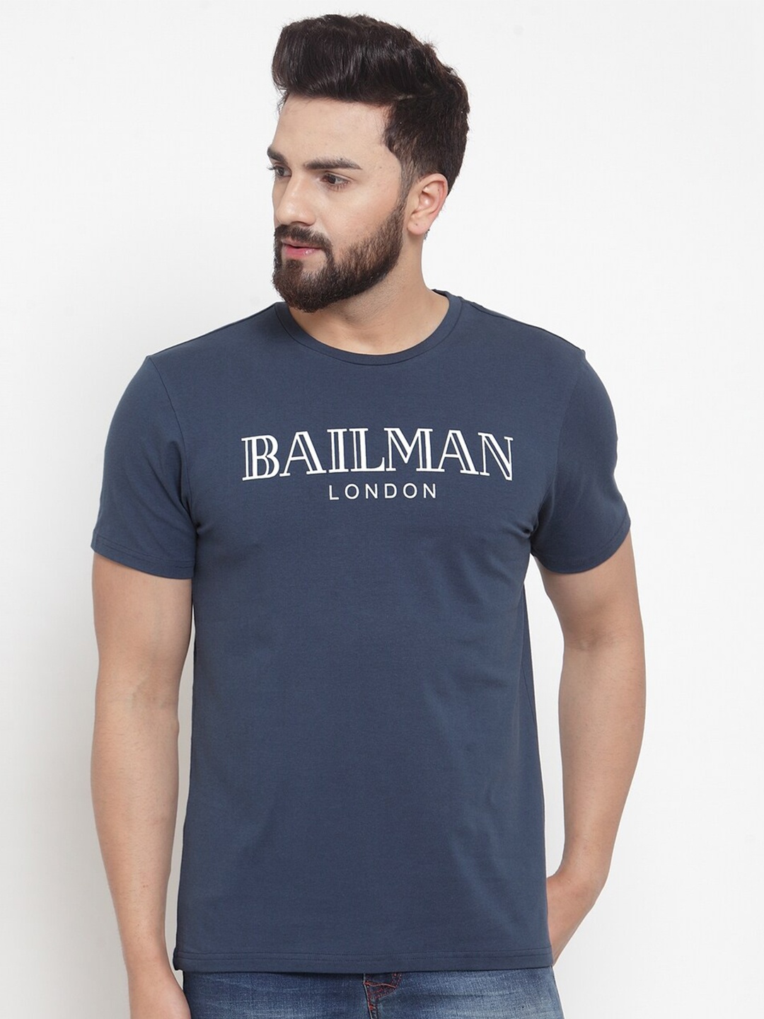 

DOOR74 Men Navy Blue Typography Printed Cotton T-shirt