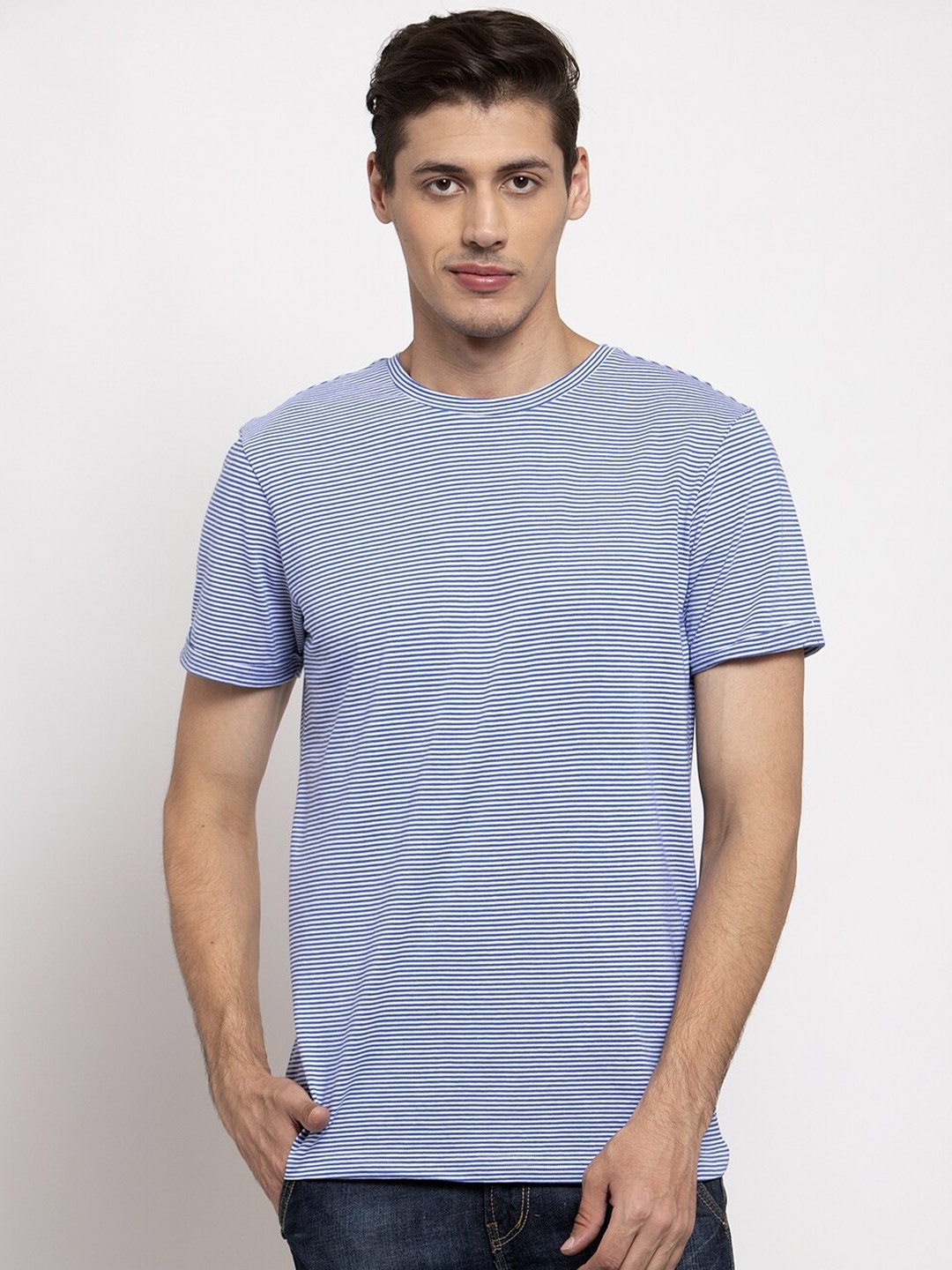 

DOOR74 Men Blue & White Striped Cotton T-shirt