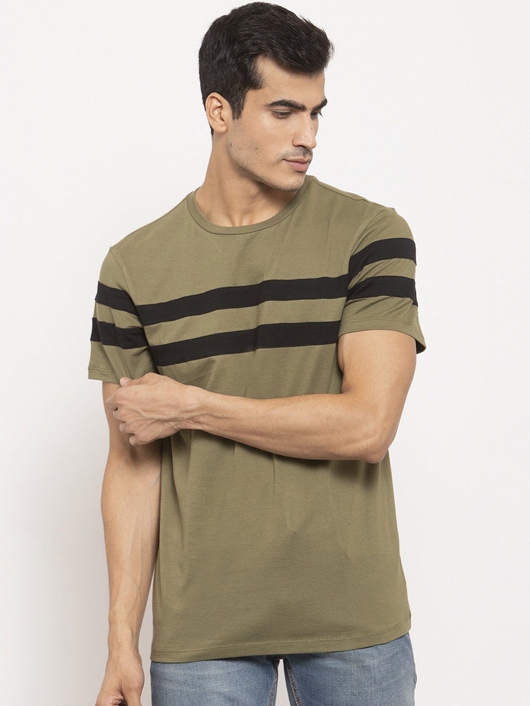 

DOOR74 Men Olive Green & Black Striped Cotton T-shirt