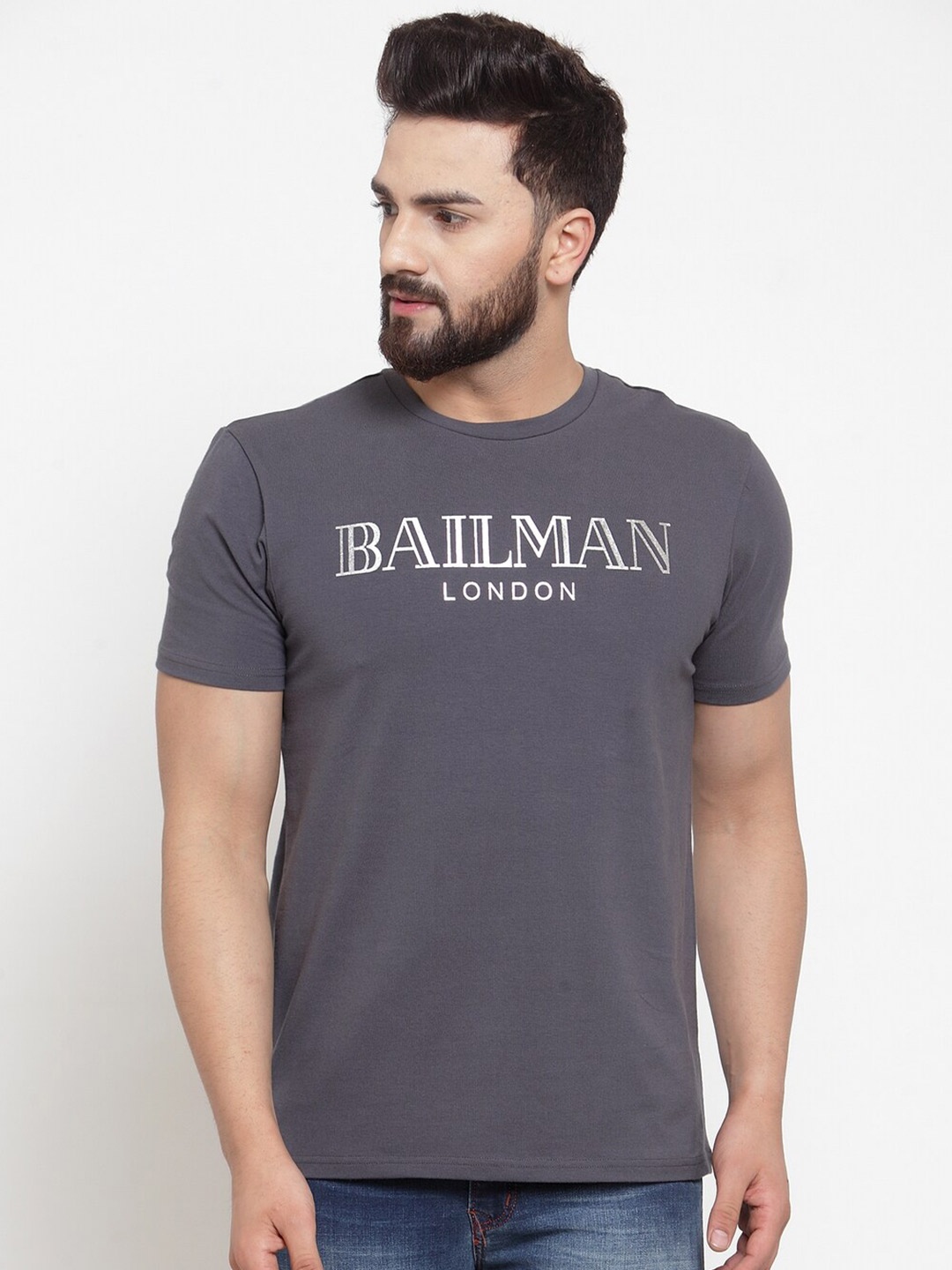

DOOR74 Men Grey & White Typography Printed Cotton T-shirt
