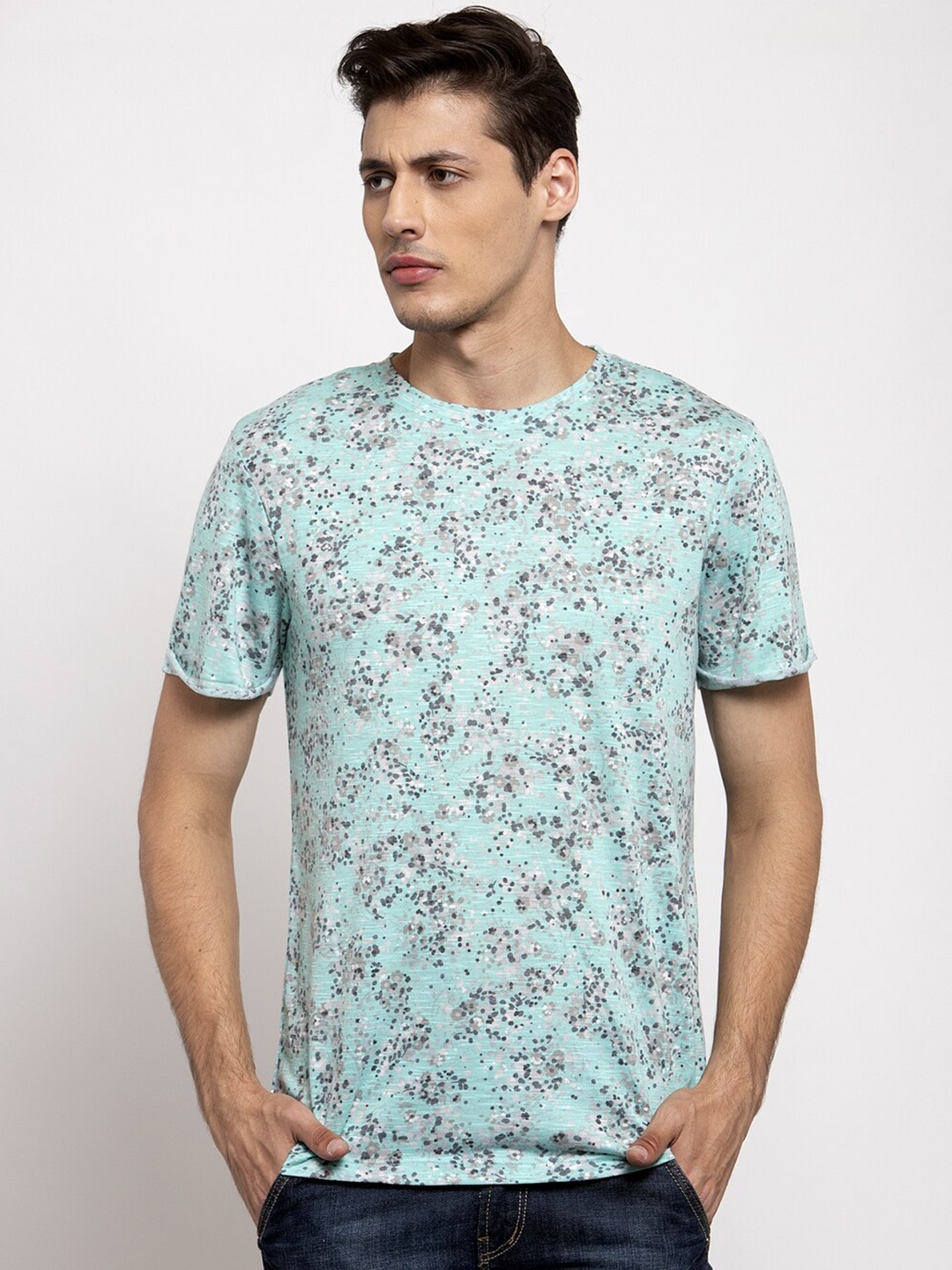 DOOR74 Men Sea Green & Grey Printed Cotton T-shirt