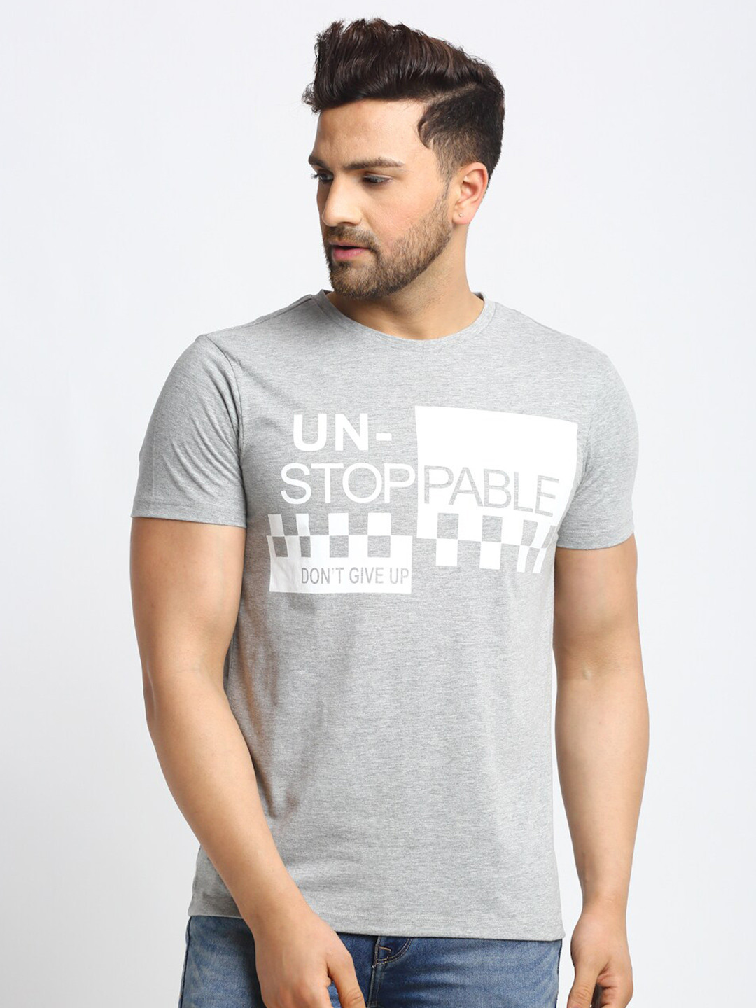 

DOOR74 Men Grey & White Printed Cotton T-shirt