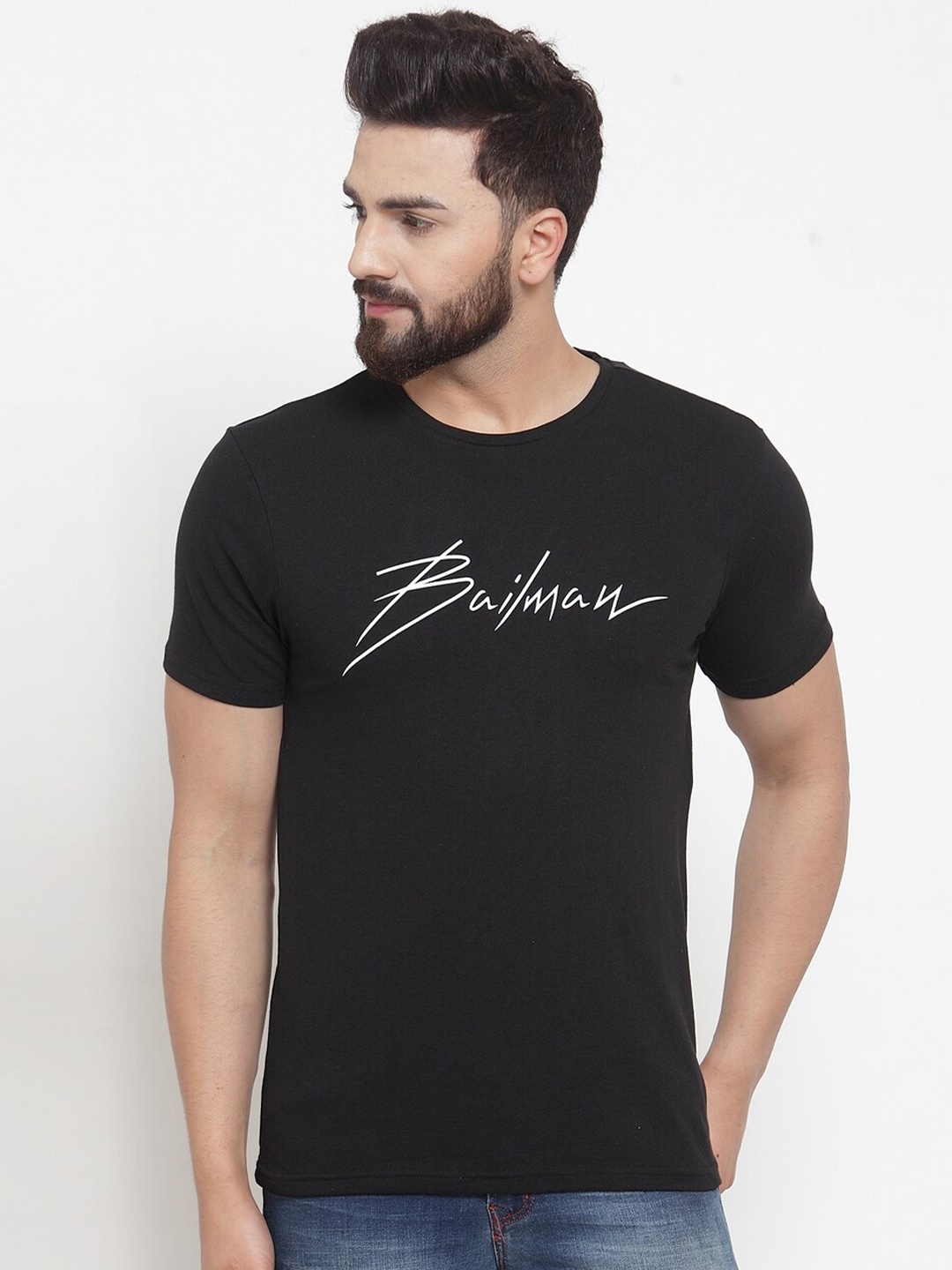 

DOOR74 Men Black & White Typography Printed Cotton T-shirt