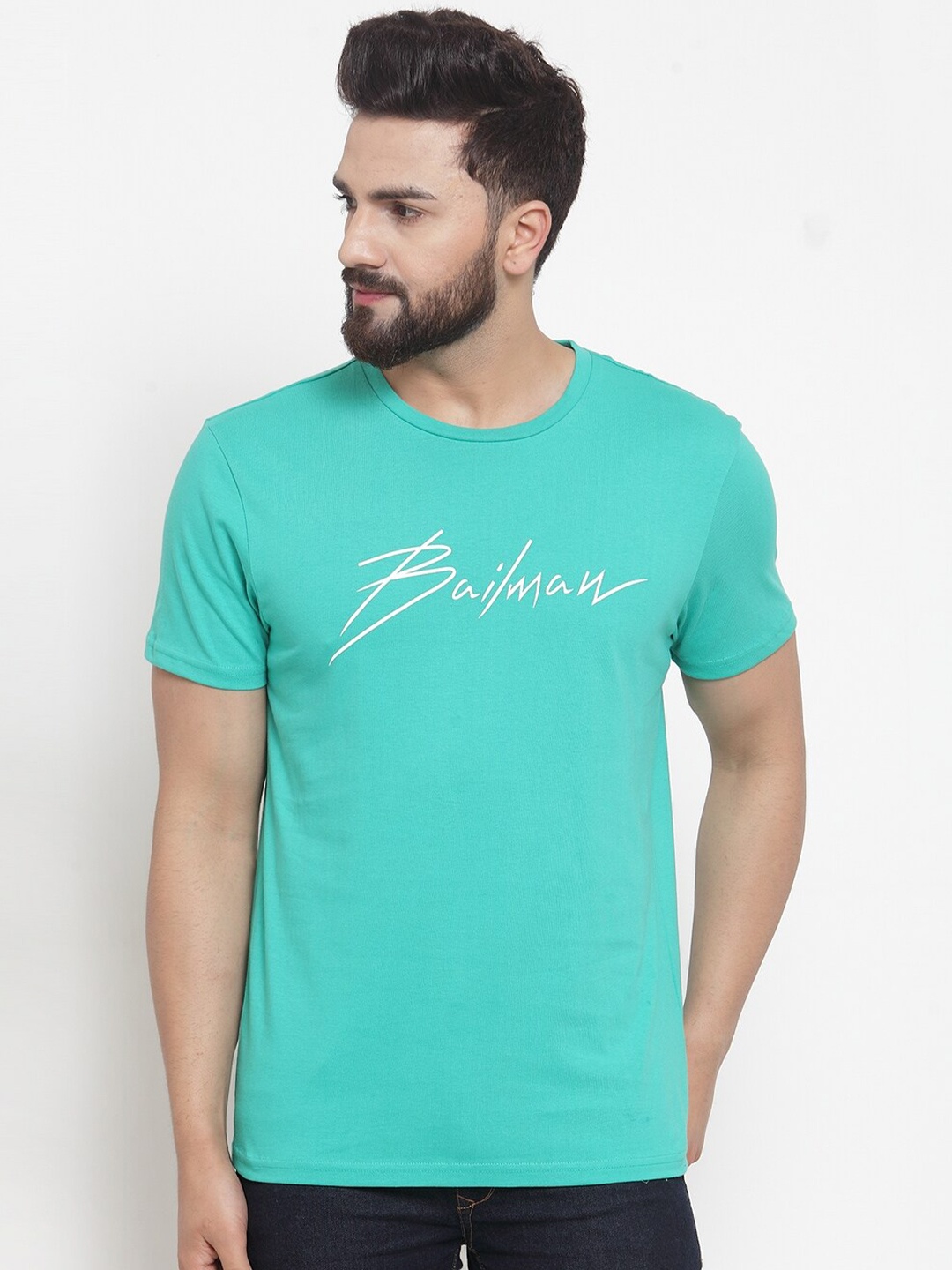 

DOOR74 Men Green Typography Printed Cotton T-shirt