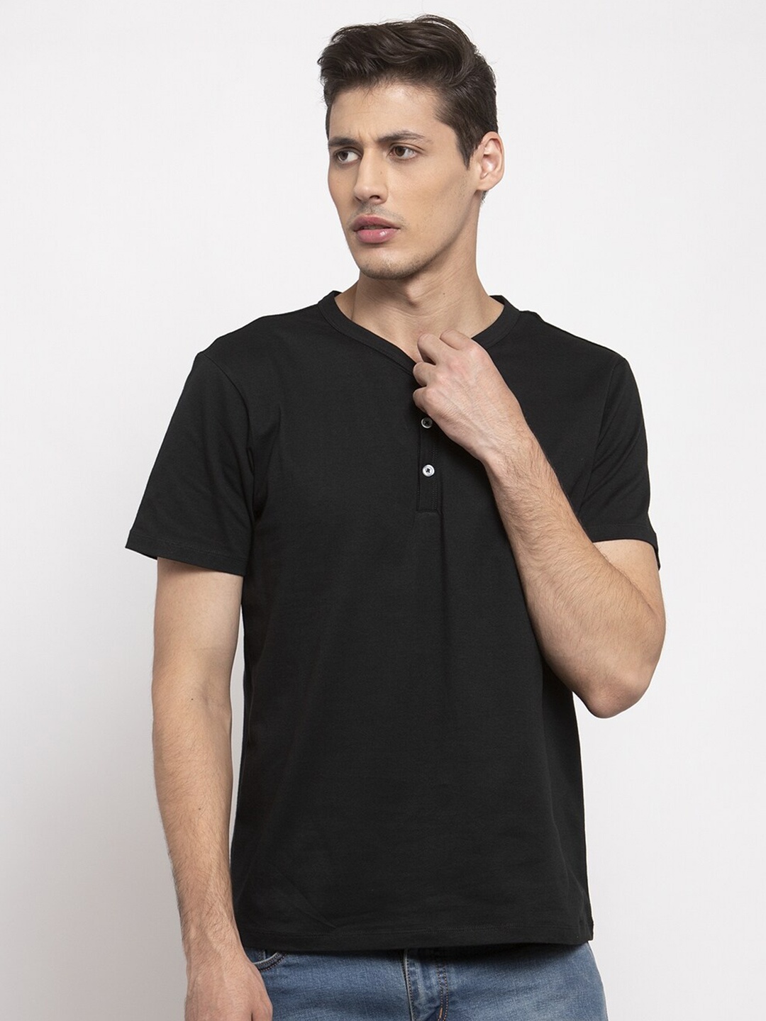 

DOOR74 Men Black Henley Neck Cotton T-shirt