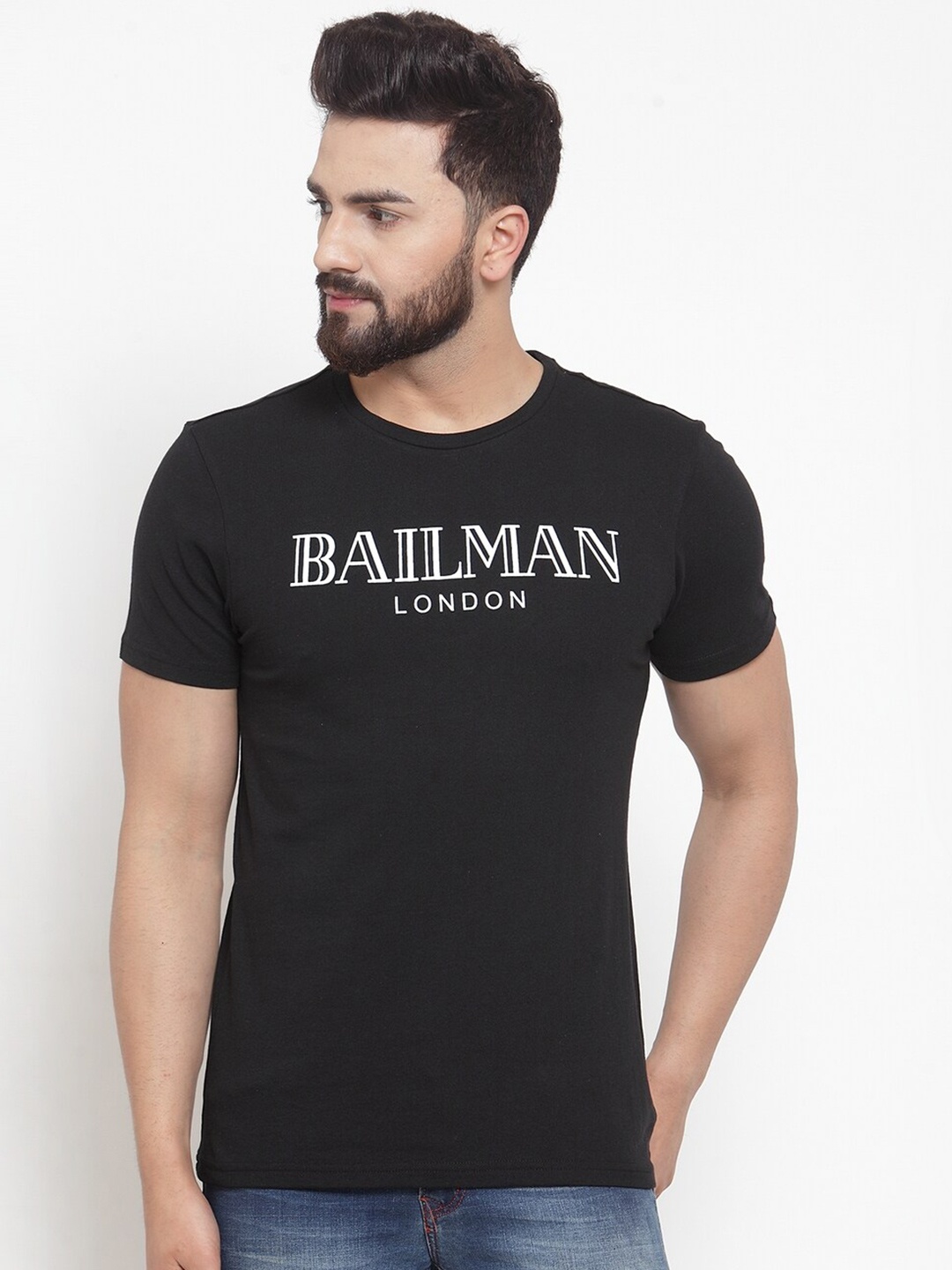 

DOOR74 Men Black & White Typography Printed Cotton T-shirt