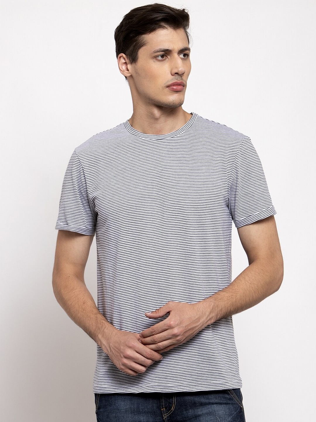 

DOOR74 Men Black & White Striped Cotton T-shirt