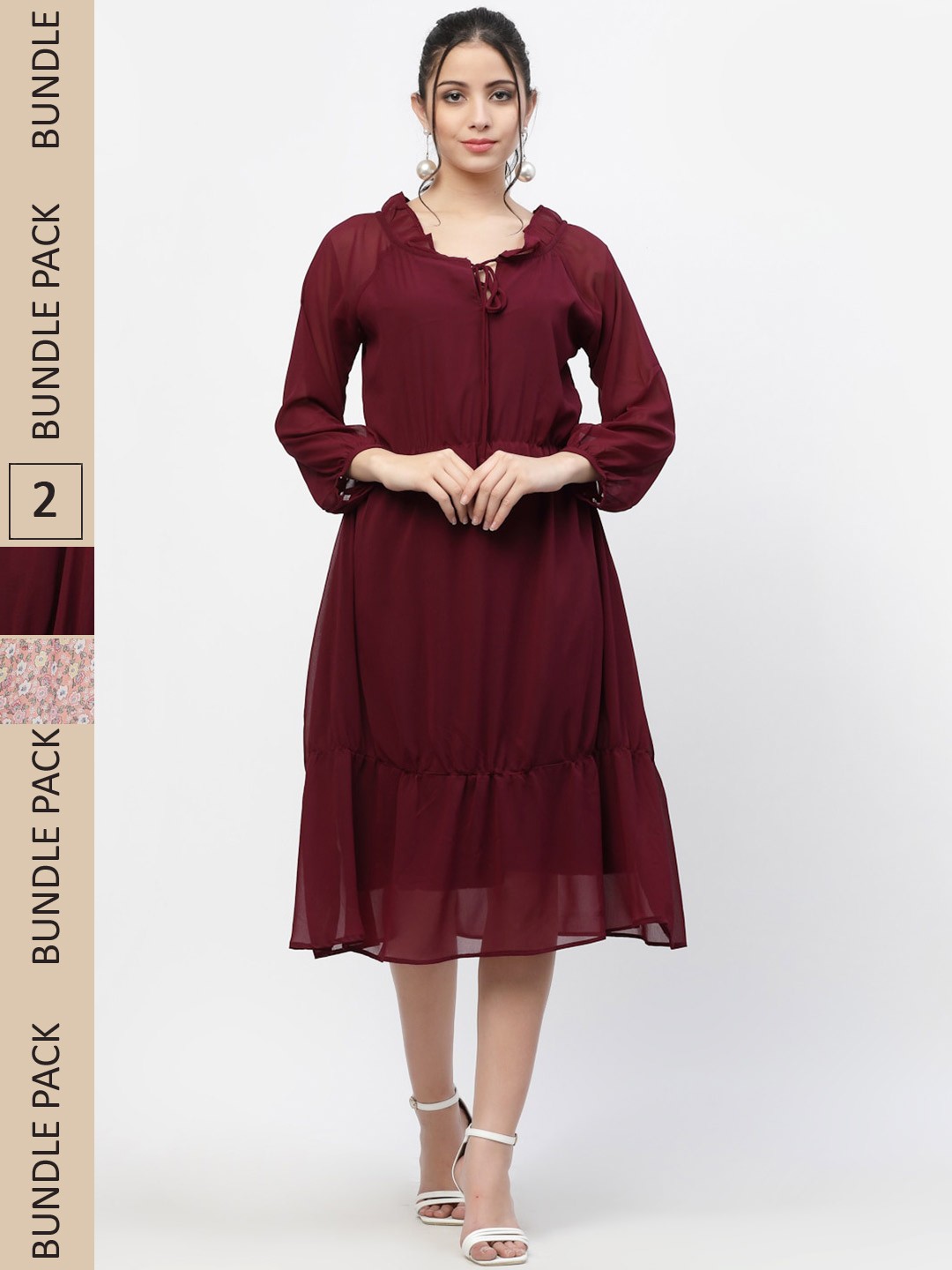 

MISS AYSE Maroon & Peach-Coloured Pack of 2 Tie-Up Neck Georgette Midi Dress