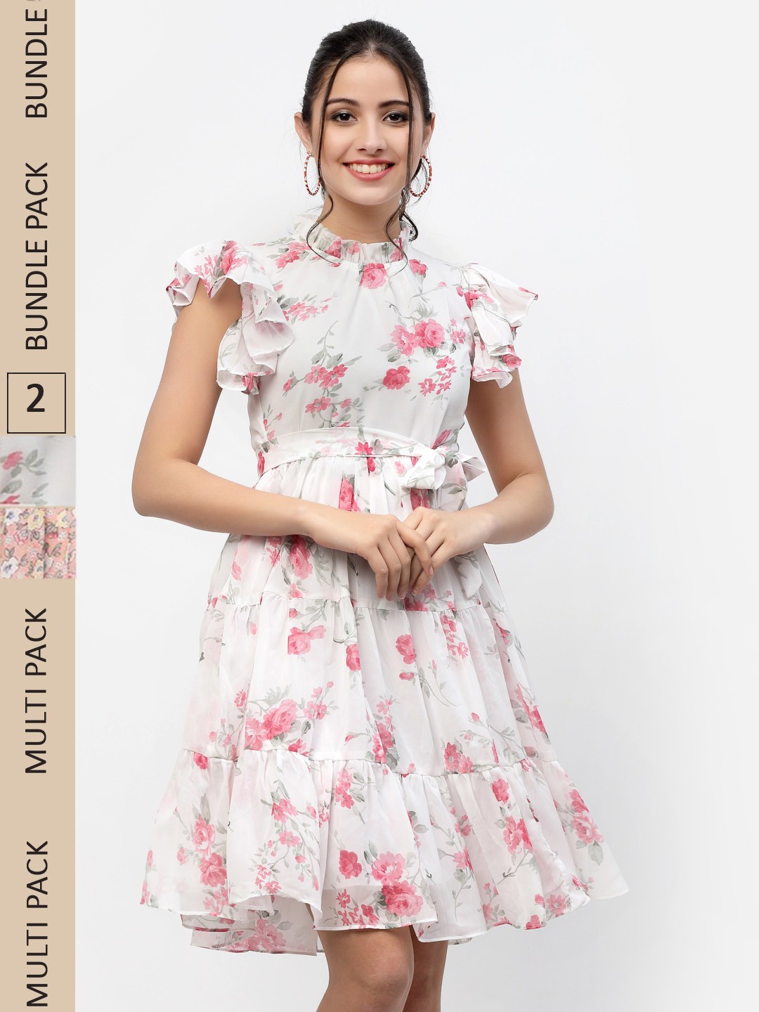

MISS AYSE White & Peach-Coloured Pack of 2 Floral Georgette Dress