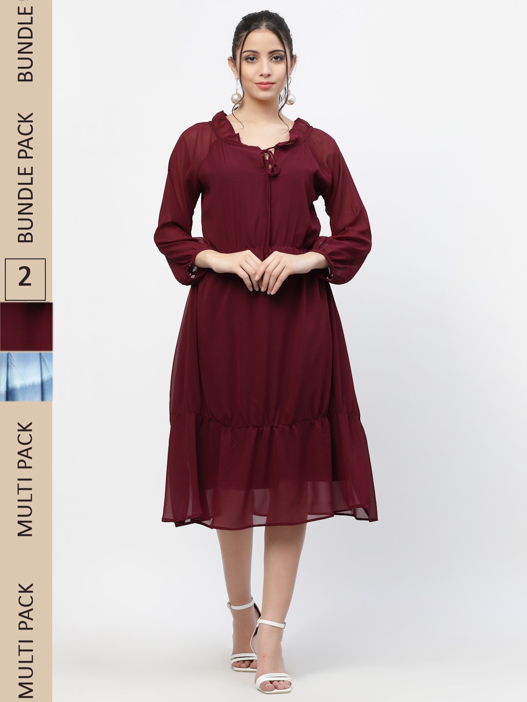 

MISS AYSE Maroon & Blue Pack of 2 Tie-Up Neck Georgette A-Line Midi Dress